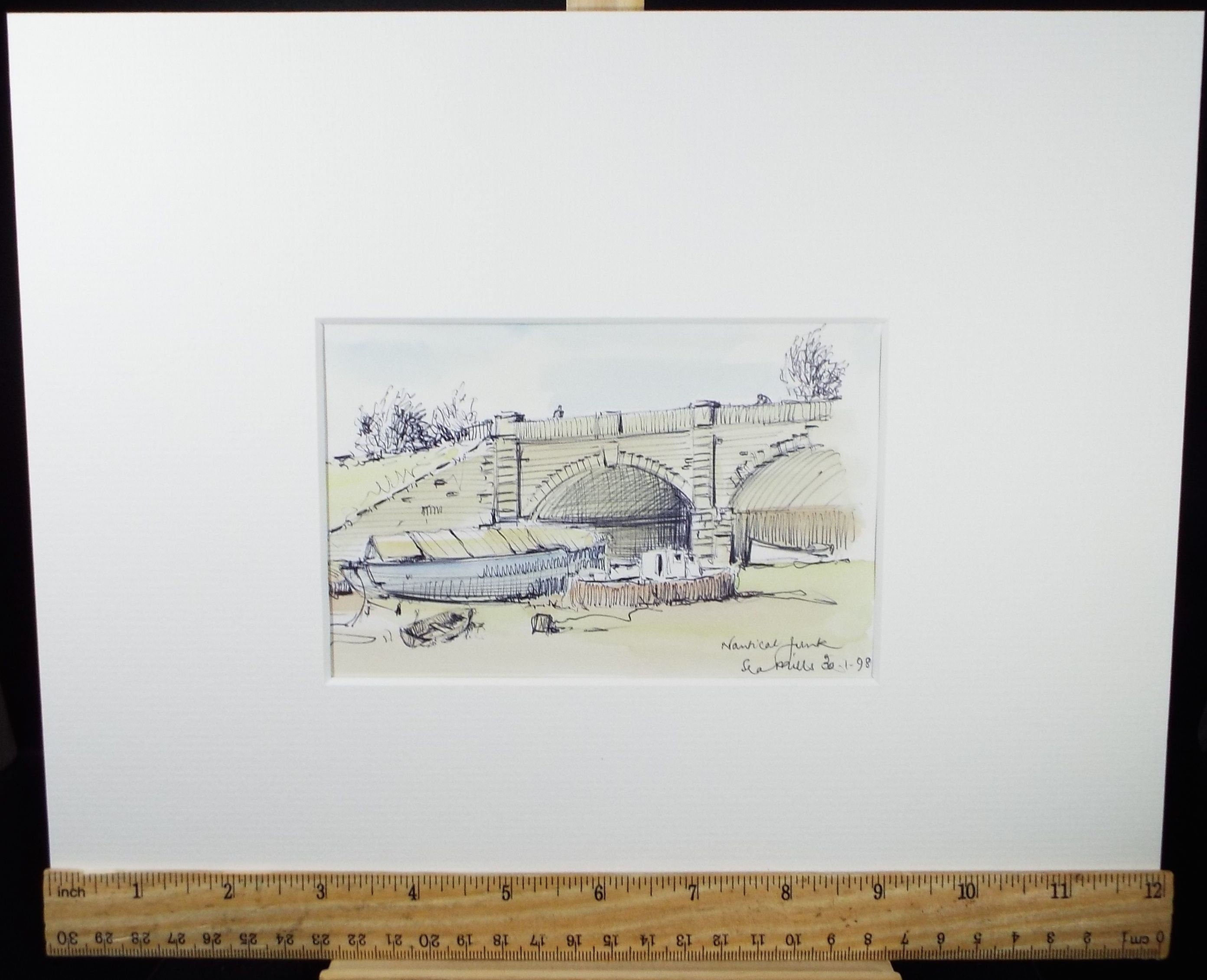 Original Watercolour & Ink, 'Nautical Junk - Sea Mills', Dated 1998, Artist Unknown