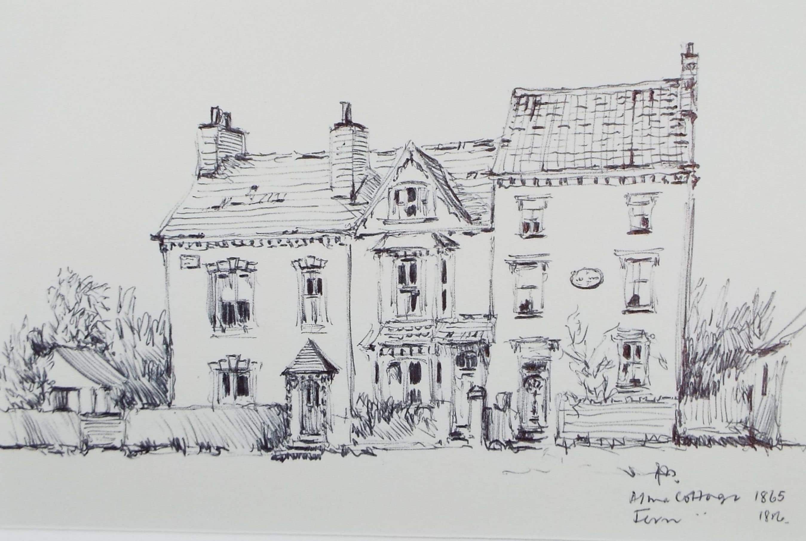 Original Watercolour & Ink, 'Row of Cottages', Circa 1990's Artist Unknown