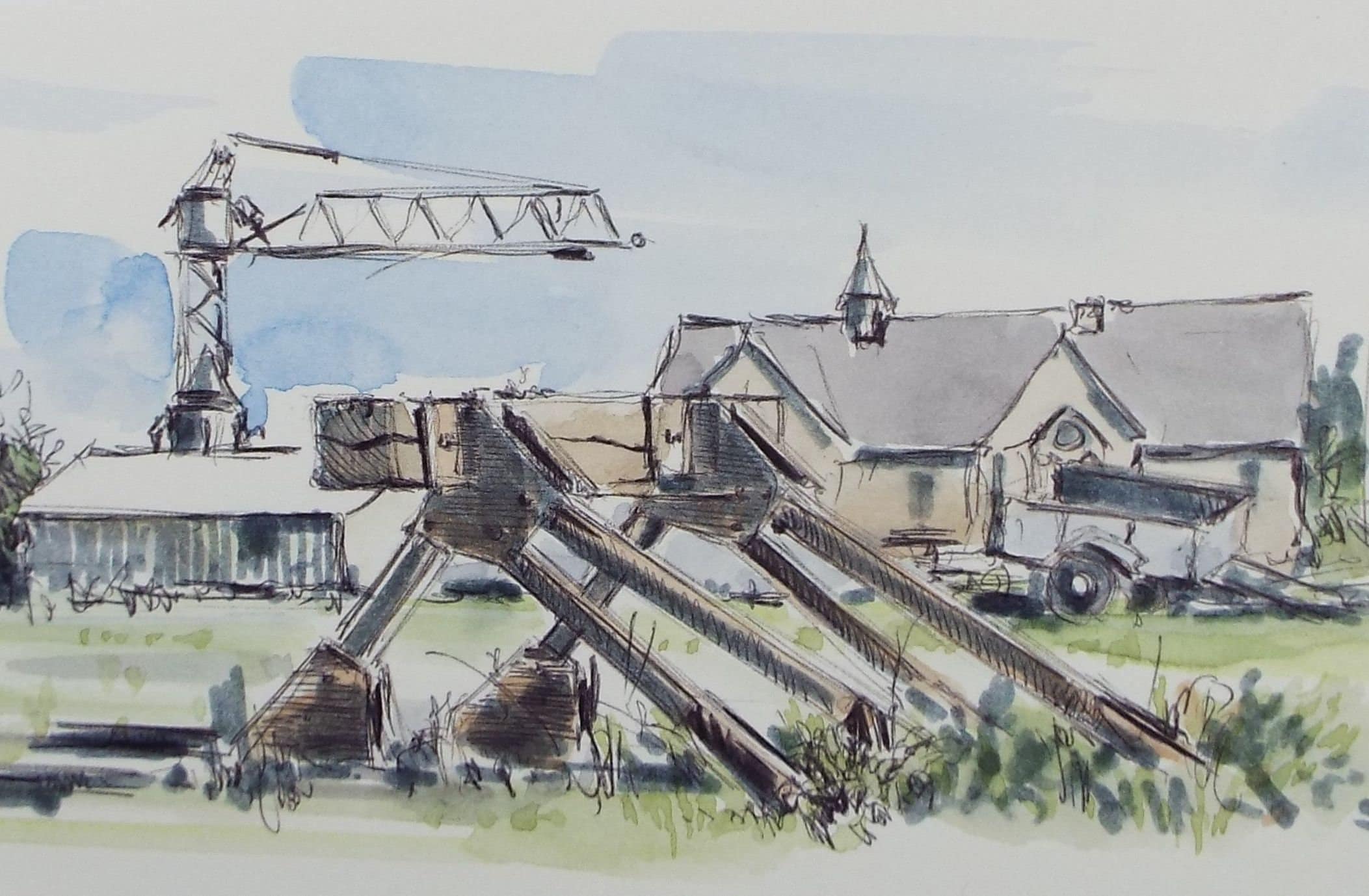 Original Watercolour & Ink, 'Old School and Siding Buffers - Sharpness', Dated 1995, Artist Unknown