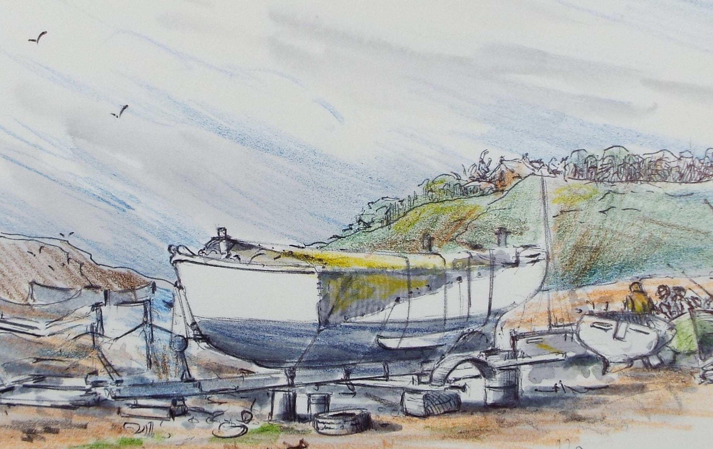 Original Watercolour & Ink, 'Boats Ashore', Circa 1990's, Artist Unknown