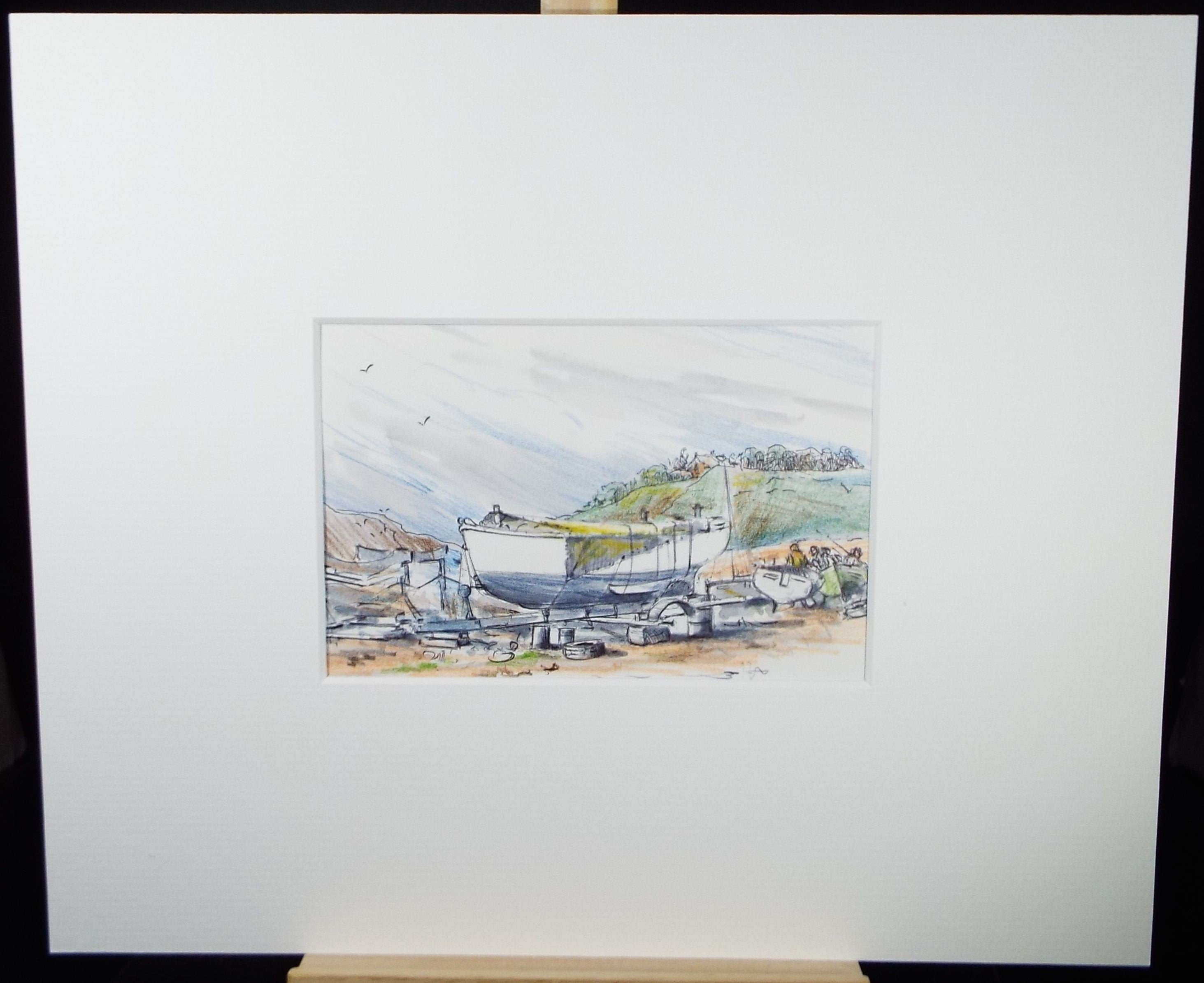 Original Watercolour & Ink, 'Boats Ashore', Circa 1990's, Artist Unknown