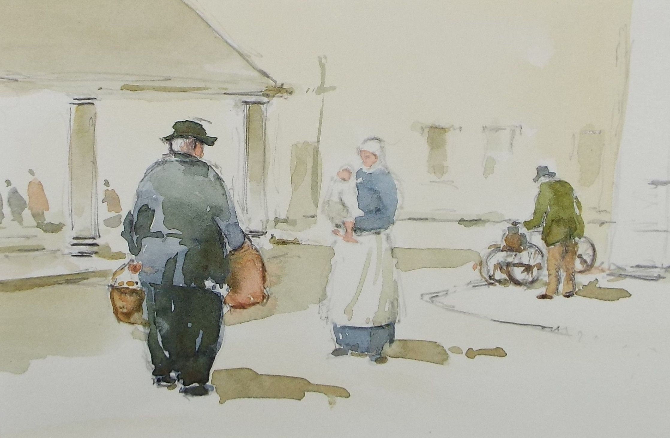 Original Watercolour & Ink, 'Figures in the Street', Circa 1990's, Artist Unknown