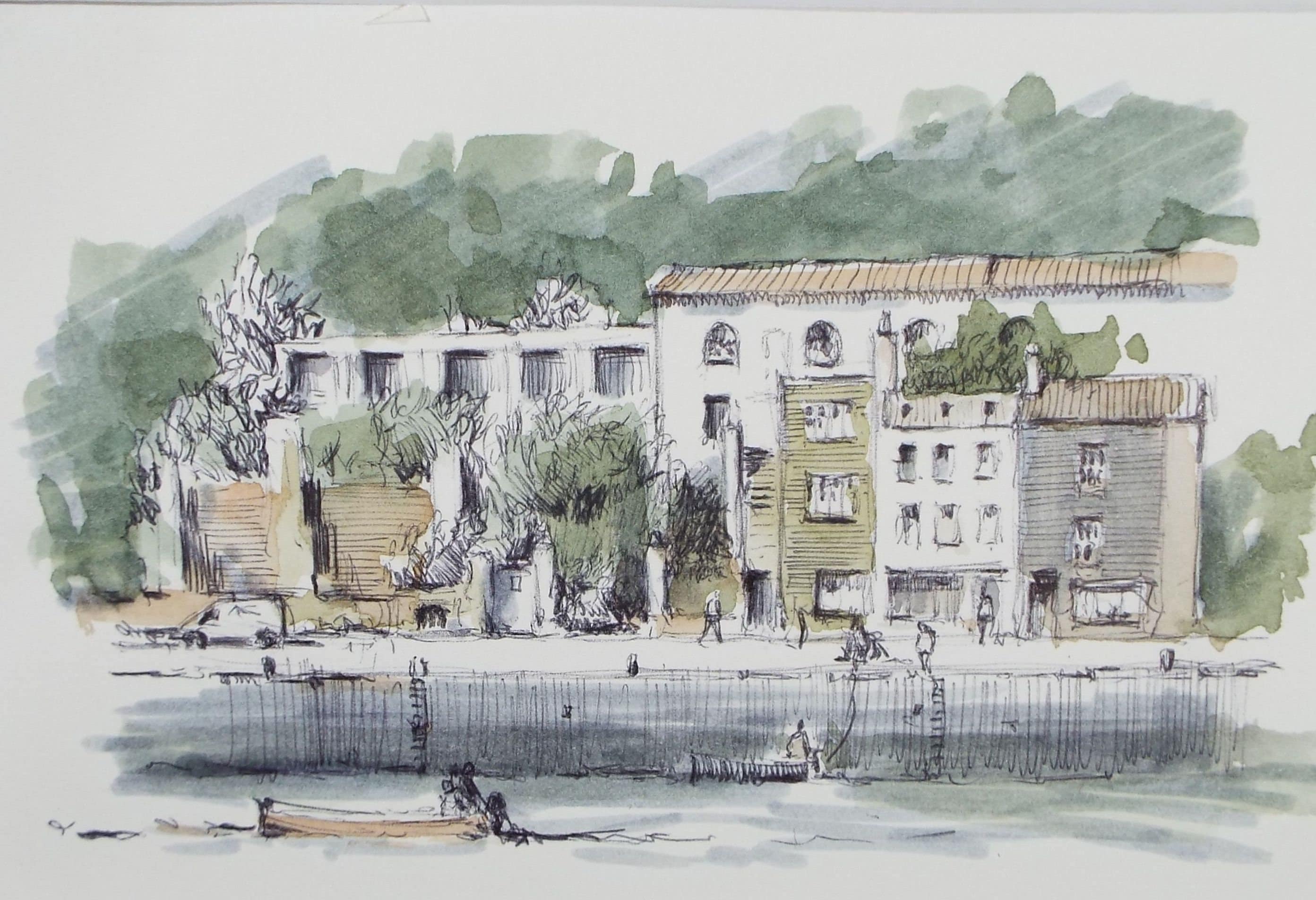 Original Watercolour & Ink, 'Quayside', Circa 1990's, Artist Unknown