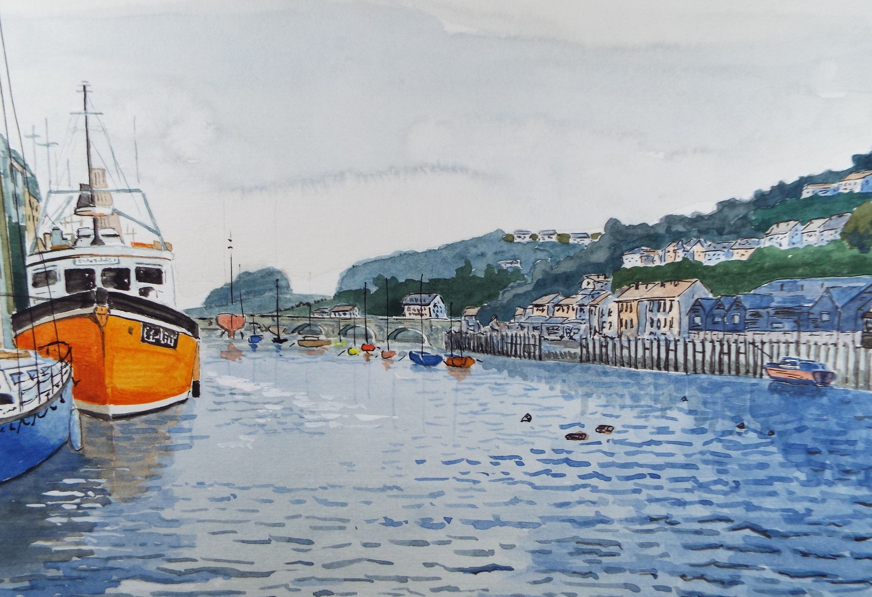 Original Watercolour, 'Looe Harbour', Circa 1990's, Monogram PL