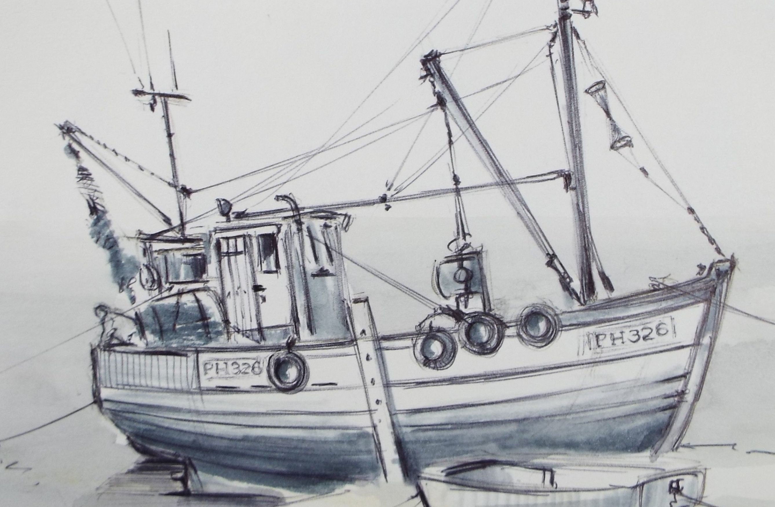 Original Watercolour & Ink, 'Trawler, Teignmouth', Dated 1995 Artist Unknown