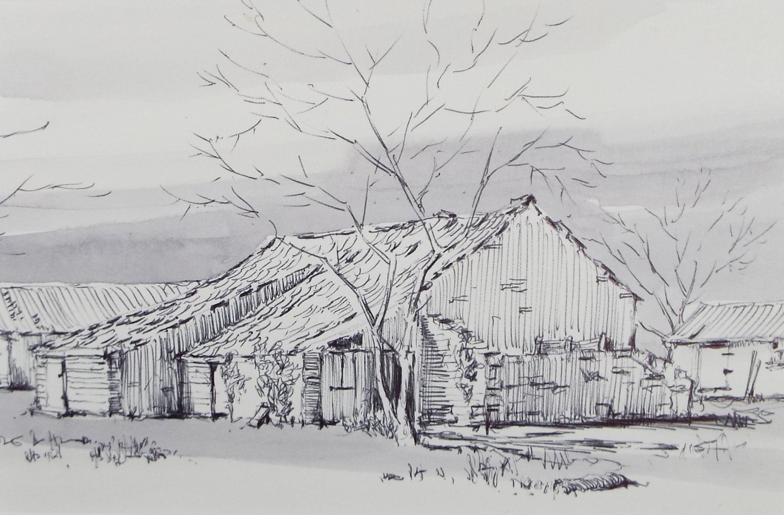 Original Watercolour & Ink, 'Barns', Circa 1993, Artist Unknown