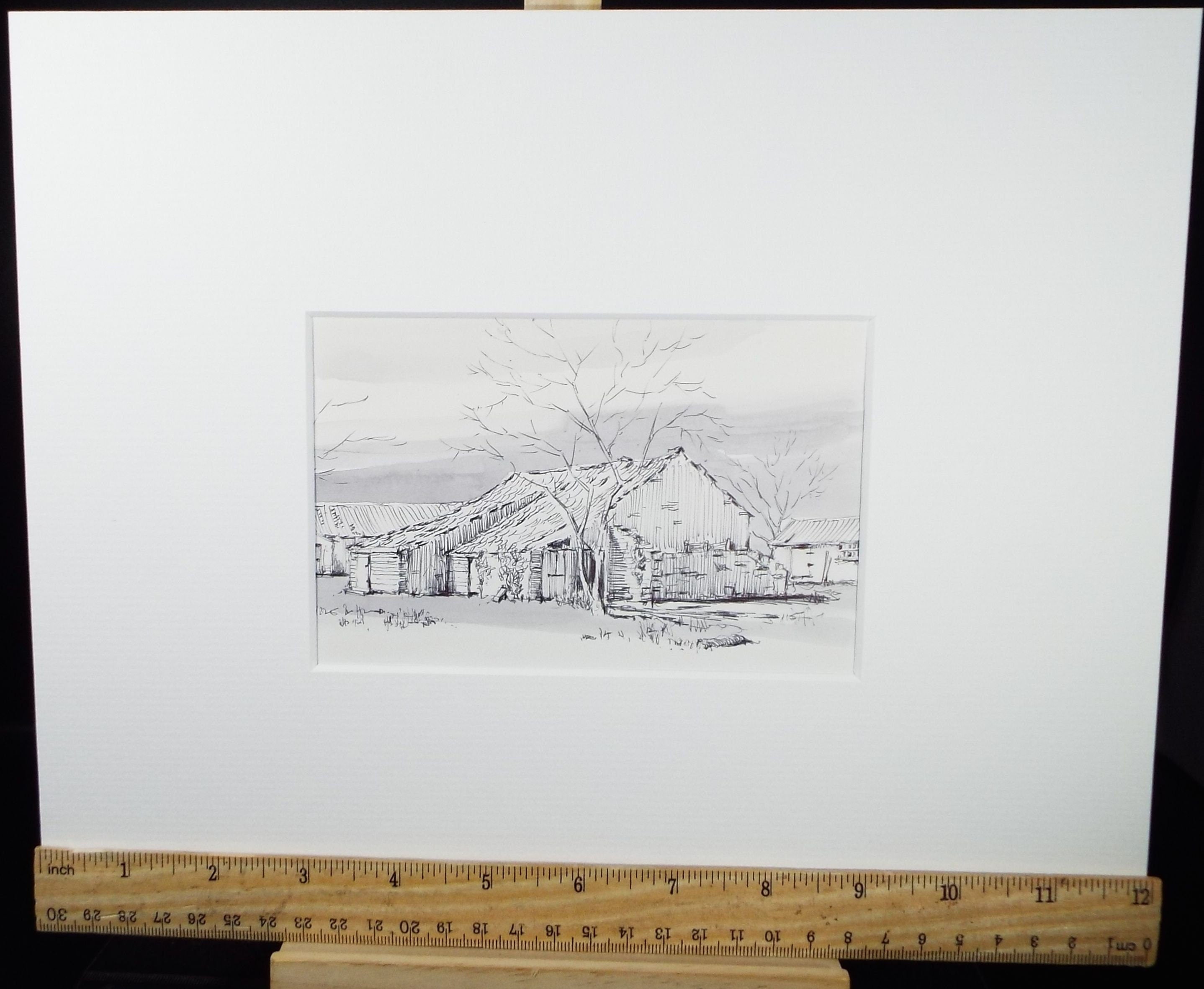 Original Watercolour & Ink, 'Barns', Circa 1993, Artist Unknown