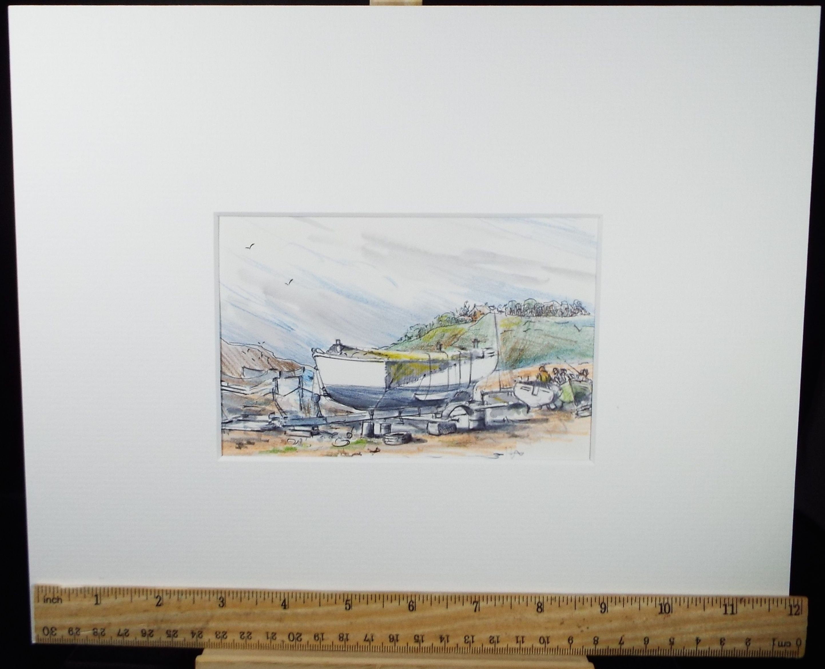 Original Watercolour & Ink, 'Boats Ashore', Circa 1990's, Artist Unknown