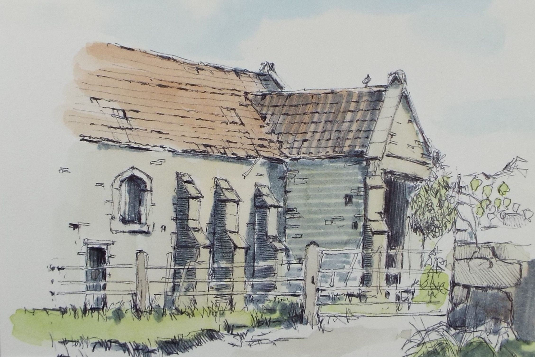 Original Watercolour & Ink, 'Chelvey - Somerset', Dated 1993, Artist Unknown