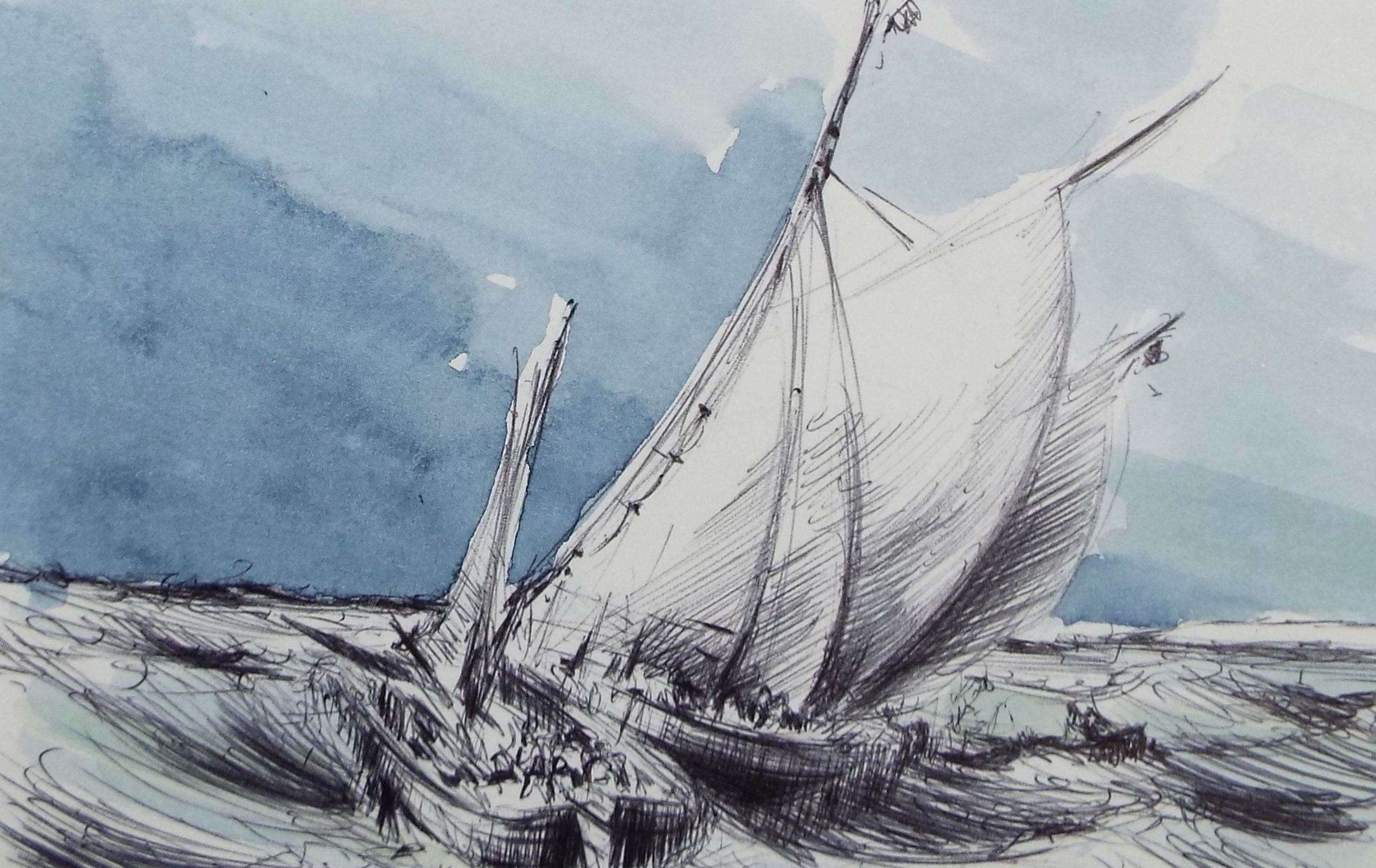 Original Watercolour & Ink, 'Dutch Boats Calais', Circa 1990's, Artist Unknown