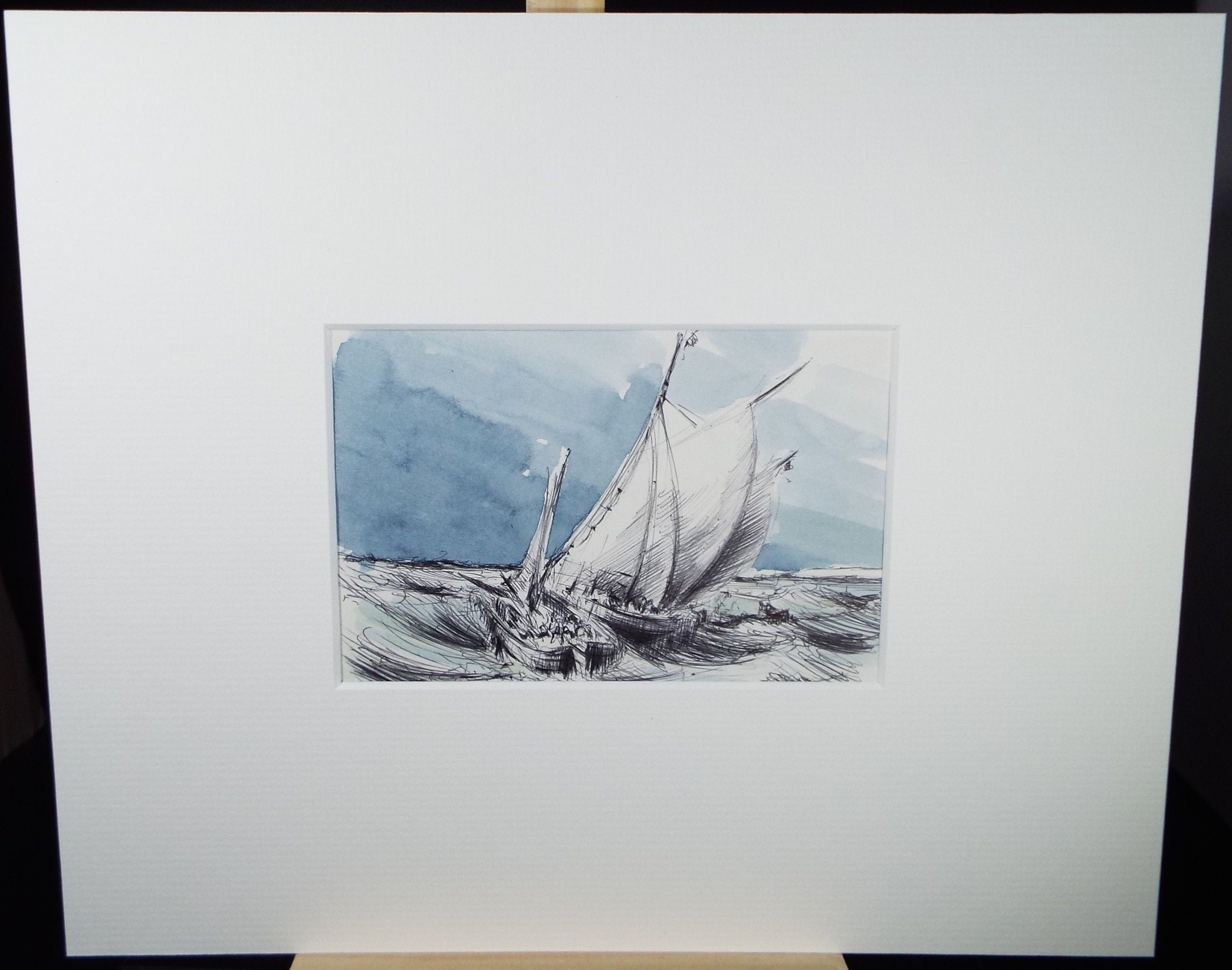 Original Watercolour & Ink, 'Dutch Boats Calais', Circa 1990's, Artist Unknown