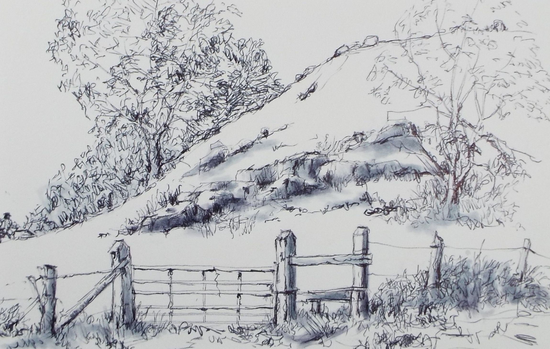 Original Watercolour & Ink, 'Hilly Field, Circa 1990's, Artist Unknown