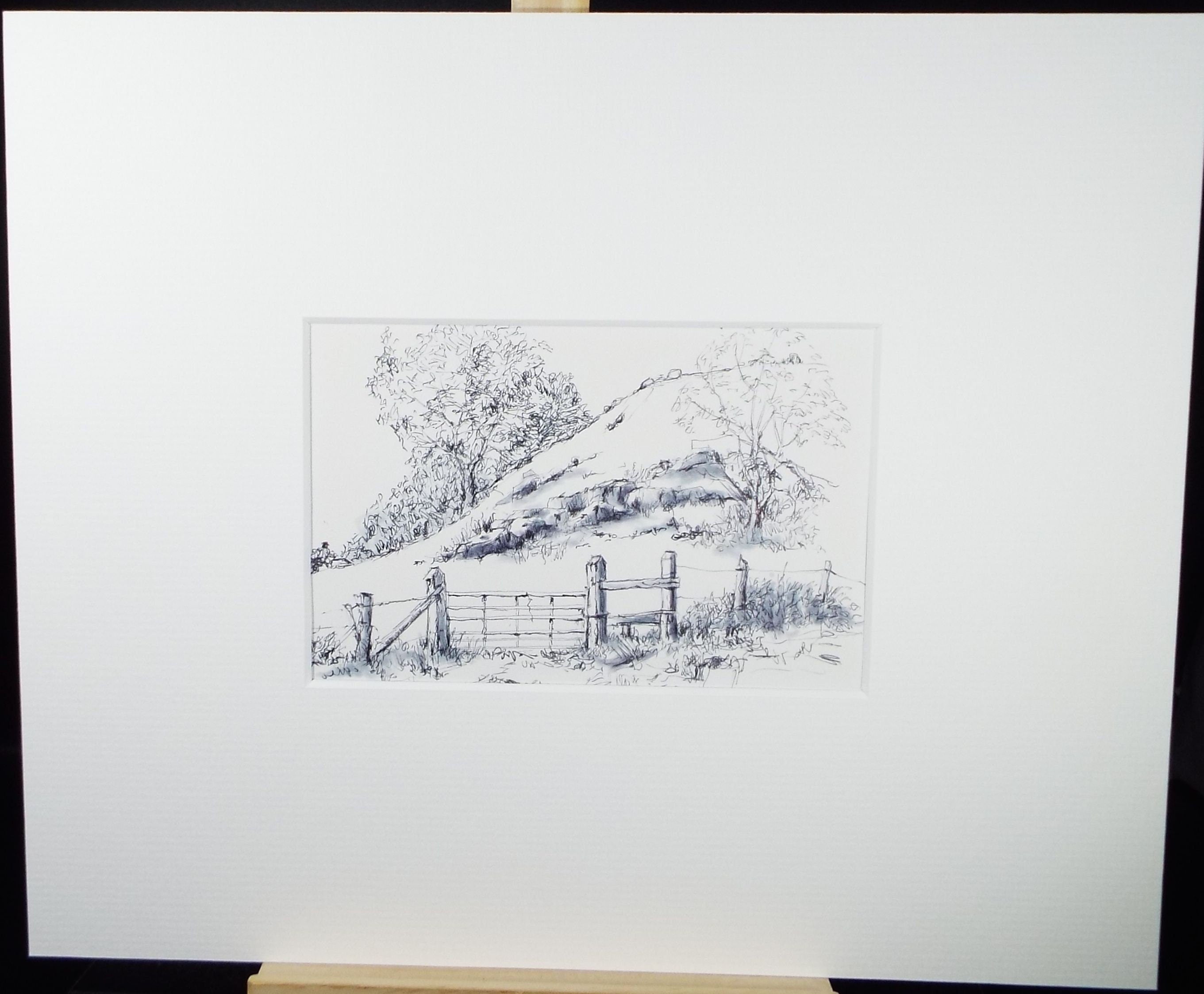 Original Watercolour & Ink, 'Hilly Field, Circa 1990's, Artist Unknown