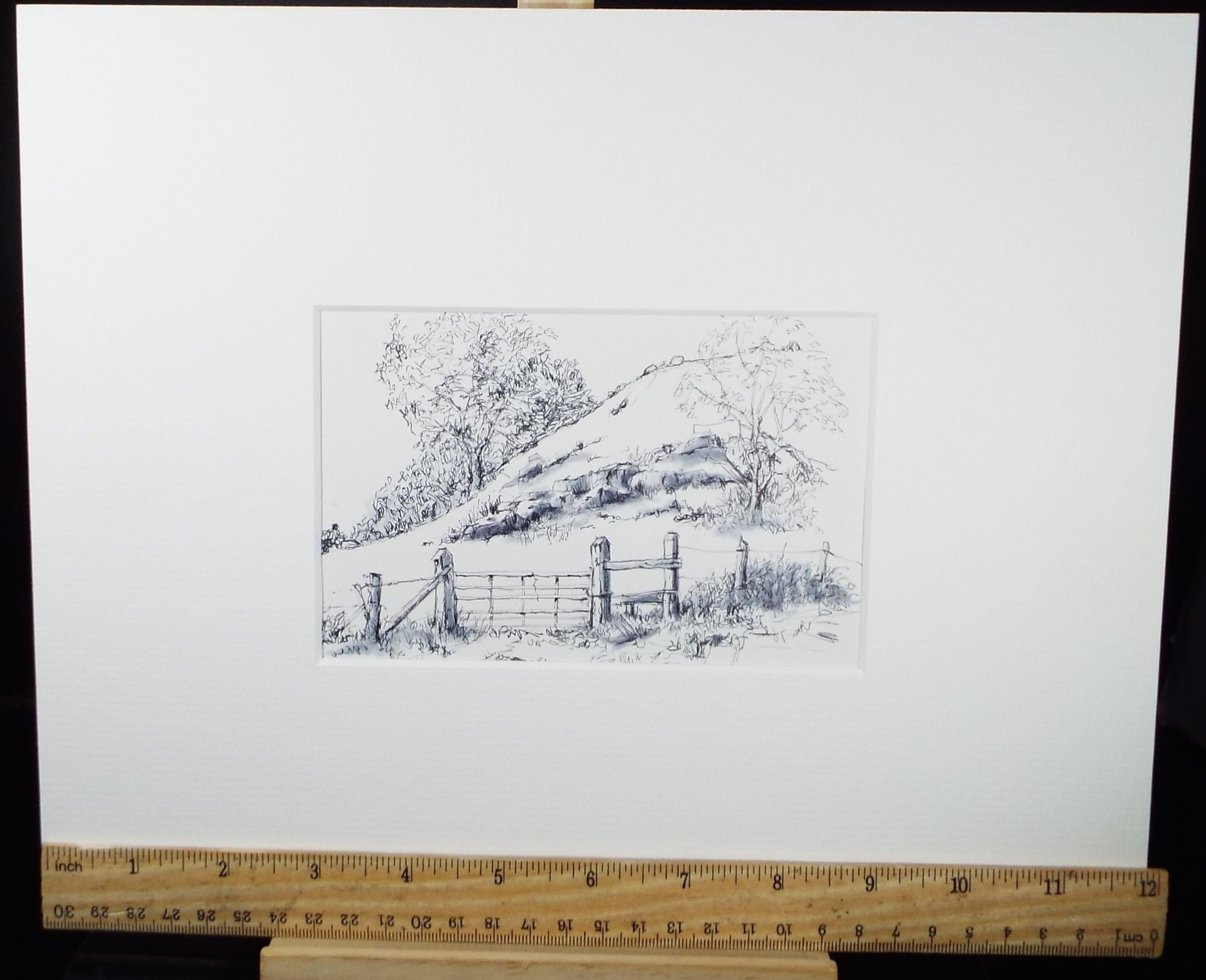 Original Watercolour & Ink, 'Hilly Field, Circa 1990's, Artist Unknown