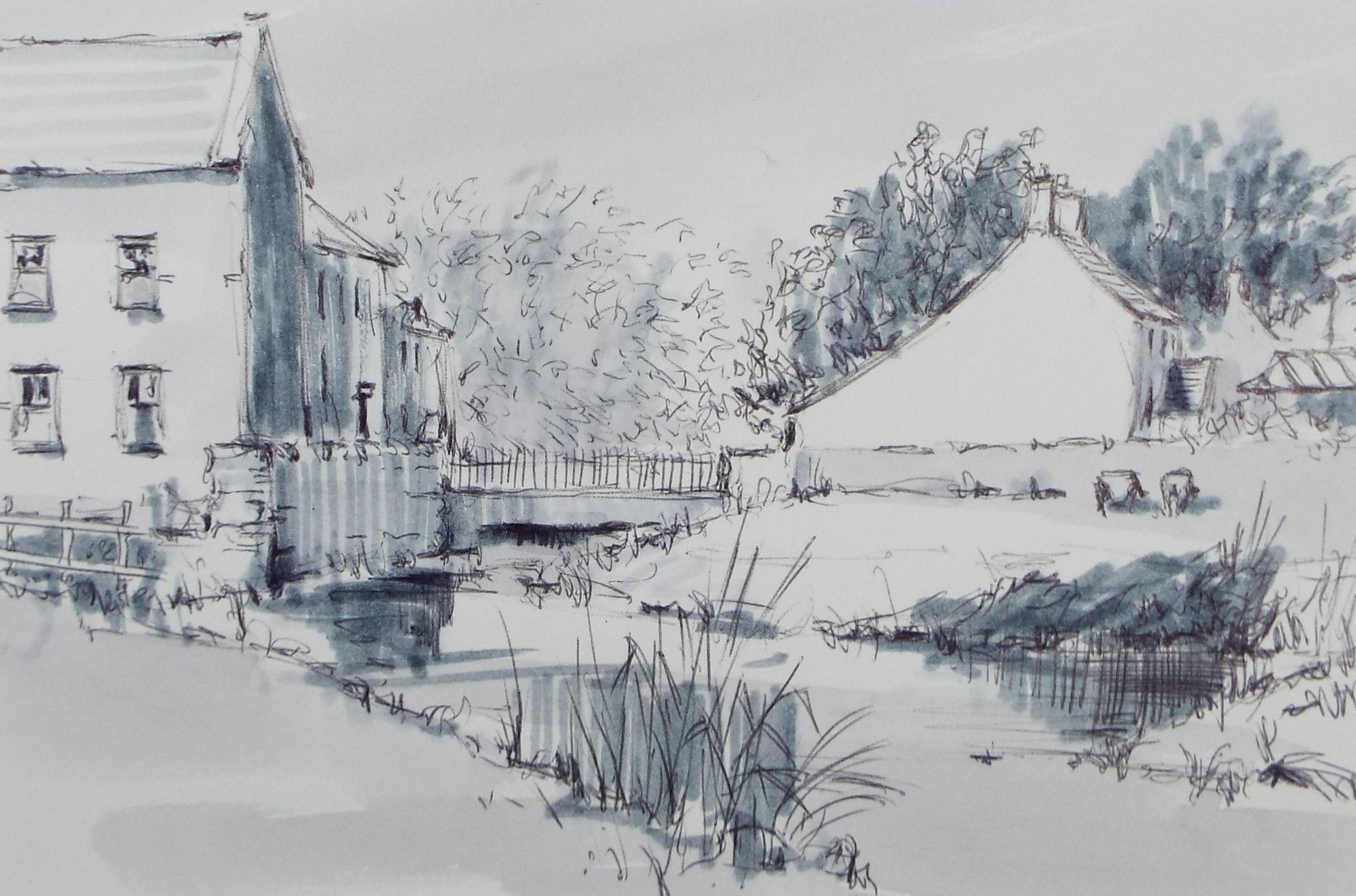 Original Watercolour & Ink, 'Riverside Buildings', Circa 1990's, Artist Unknown