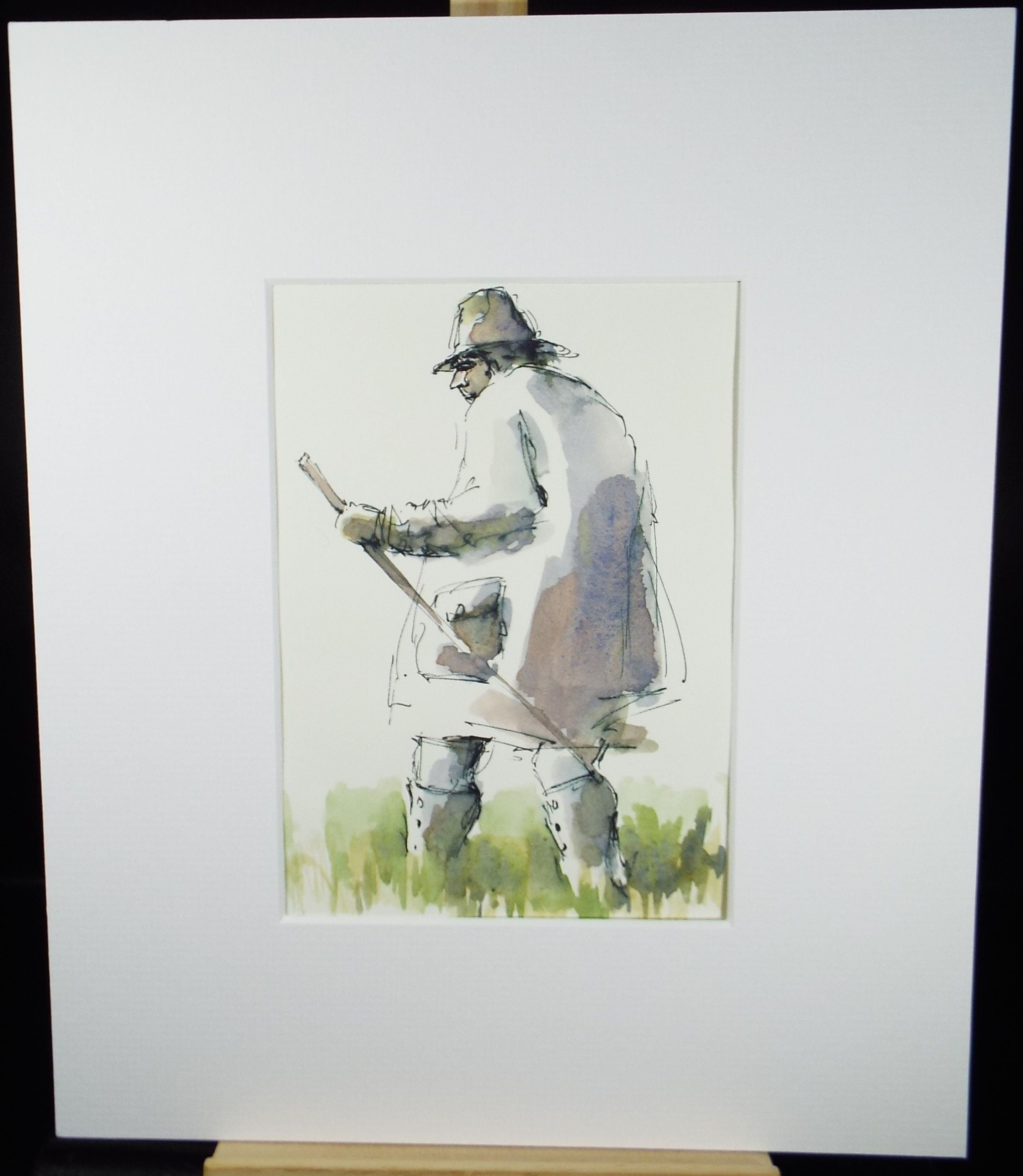 Original Watercolour & Ink, 'Farmer in his Field', Circa 1990's, Artist Unknown