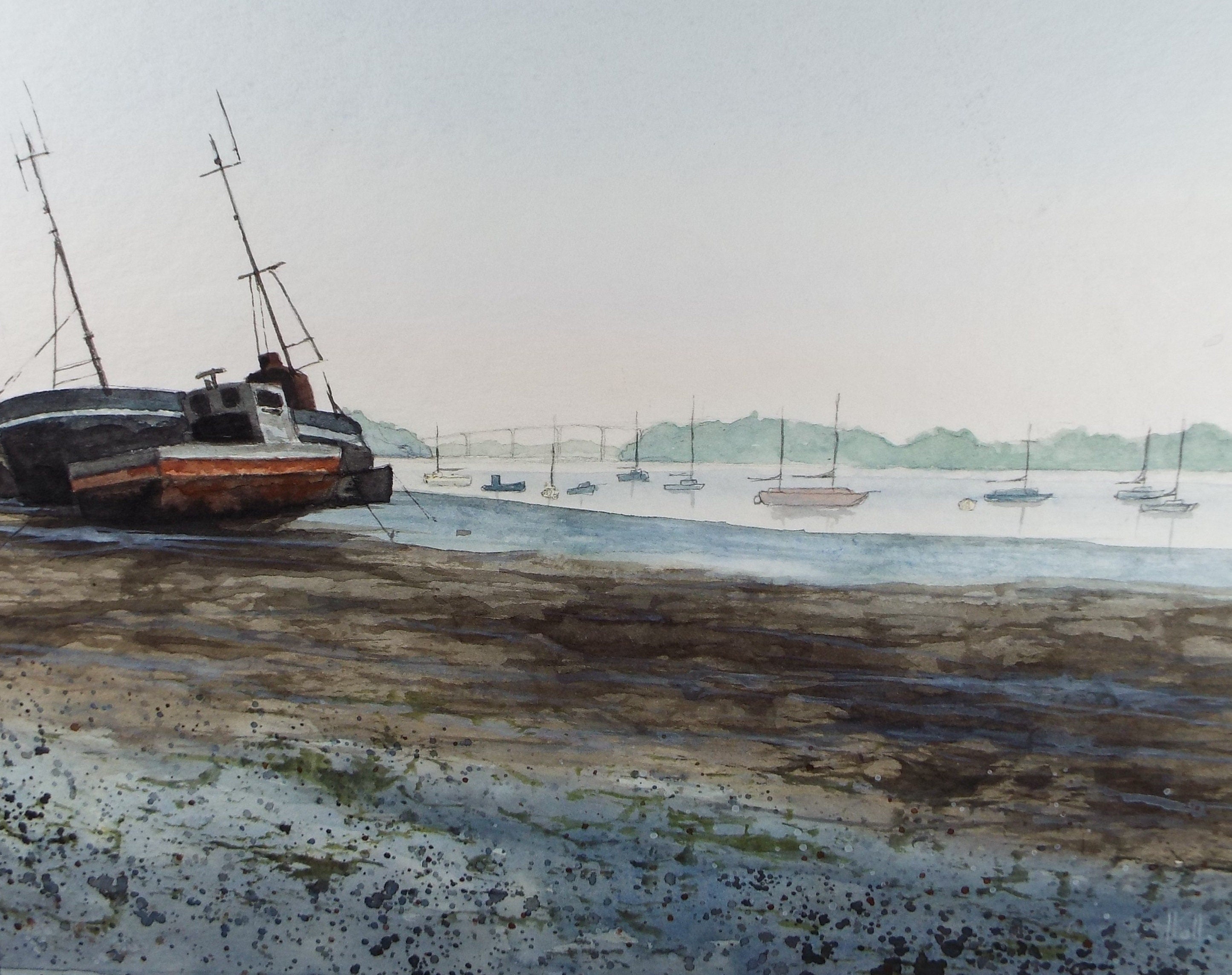 Original Watercolour, 'Moored Boat', Circa 1990's, Signed Hall
