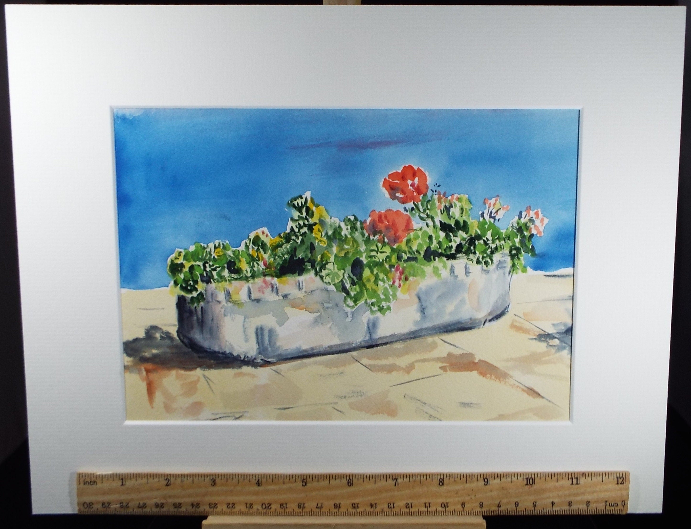 Original Watercolour, 'Pelargoiniums in a trough', Circa 1990's , Artist unknown