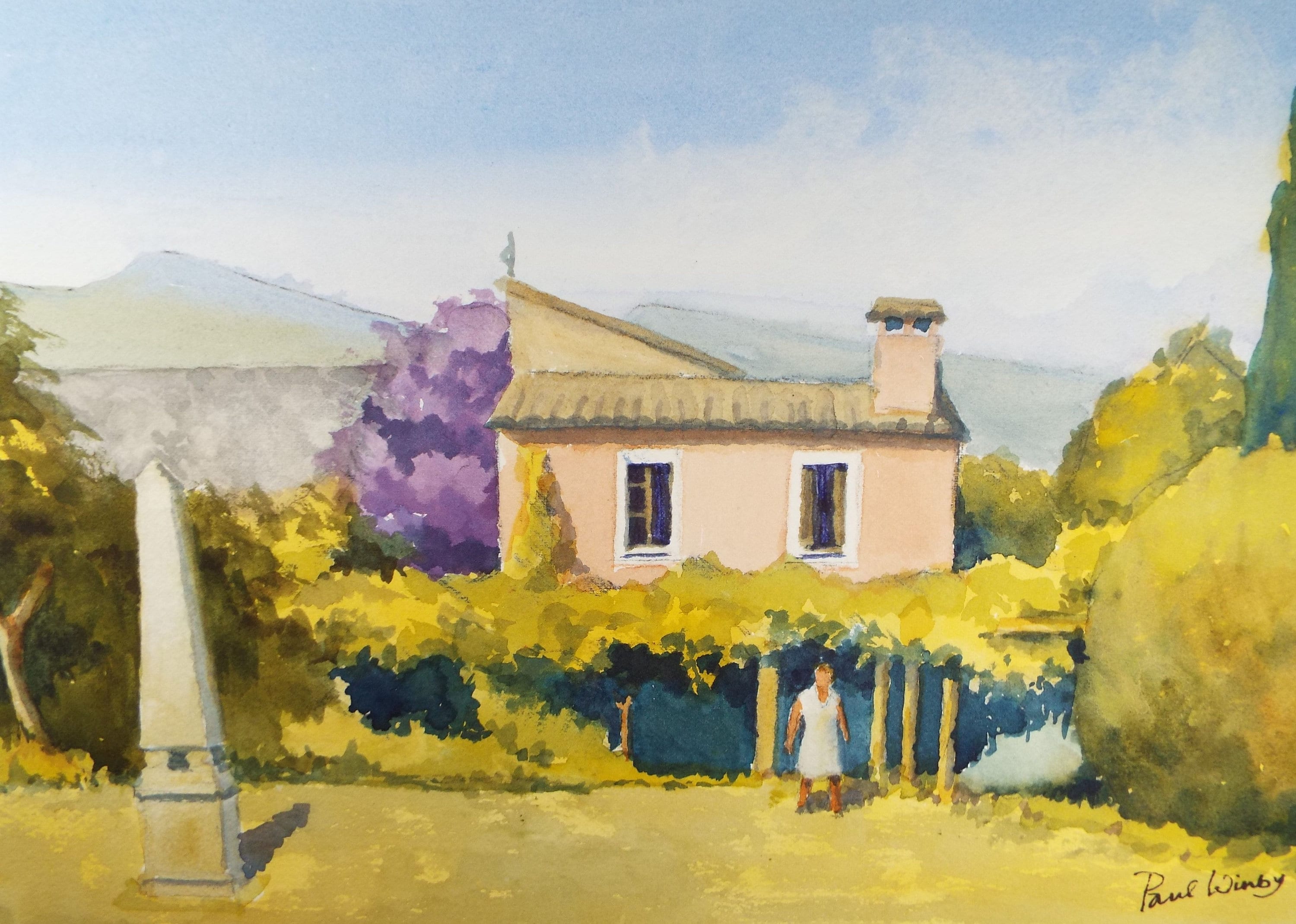 Original Watercolour on Paper, 'Summer Garden with Obelisk', Paul Winby, Circa 1990's