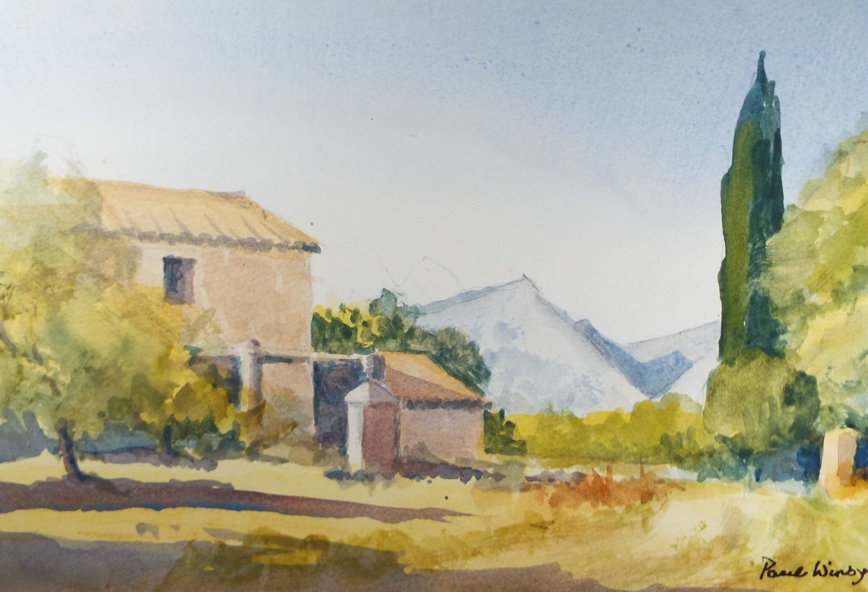 Original Watercolour on Paper, 'Farmhouse with distant hills', Paul Winby, Circa 1990's