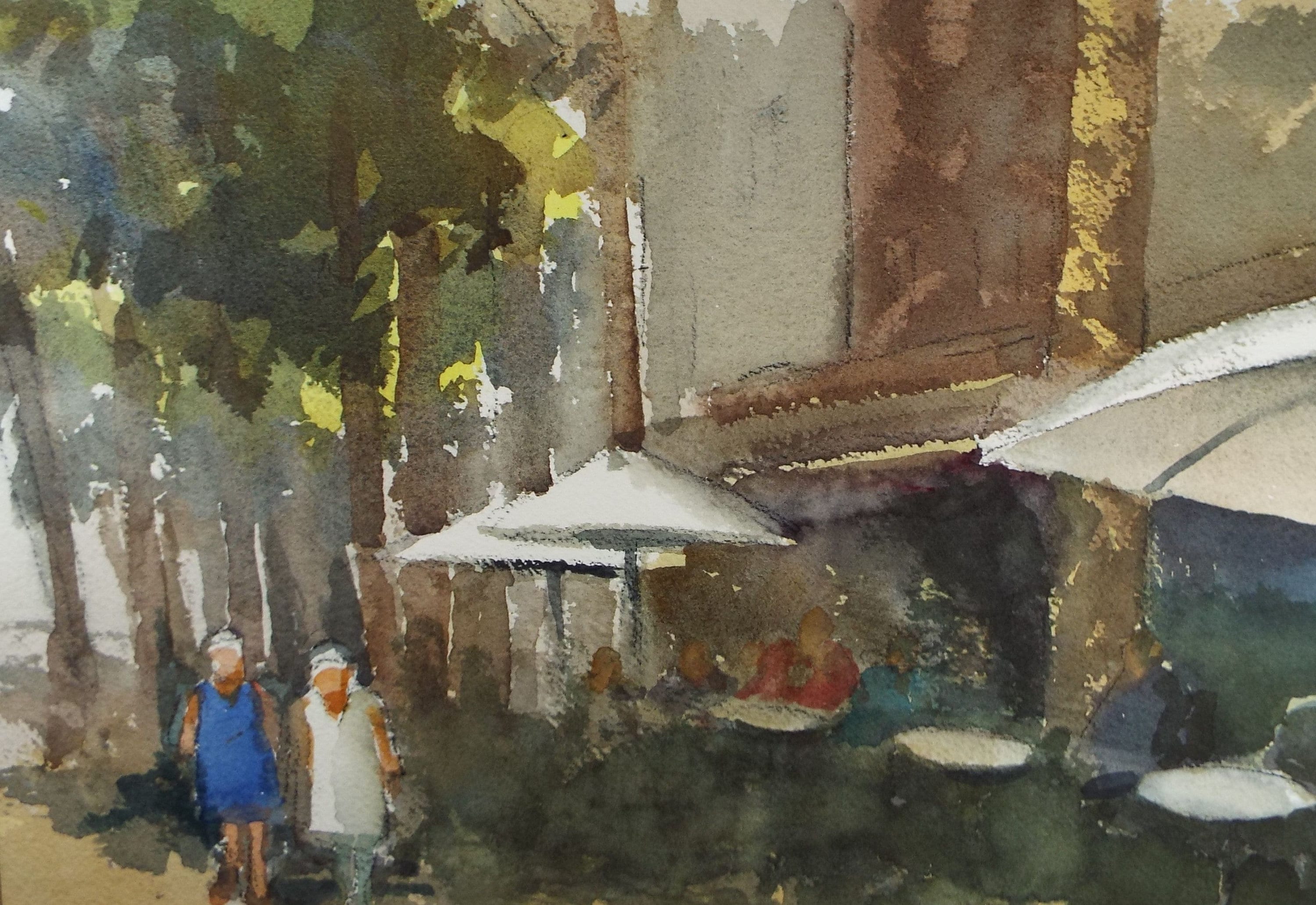 Original Watercolour on Paper, 'Street Cafe with figures', Paul Winby, Circa 1990's