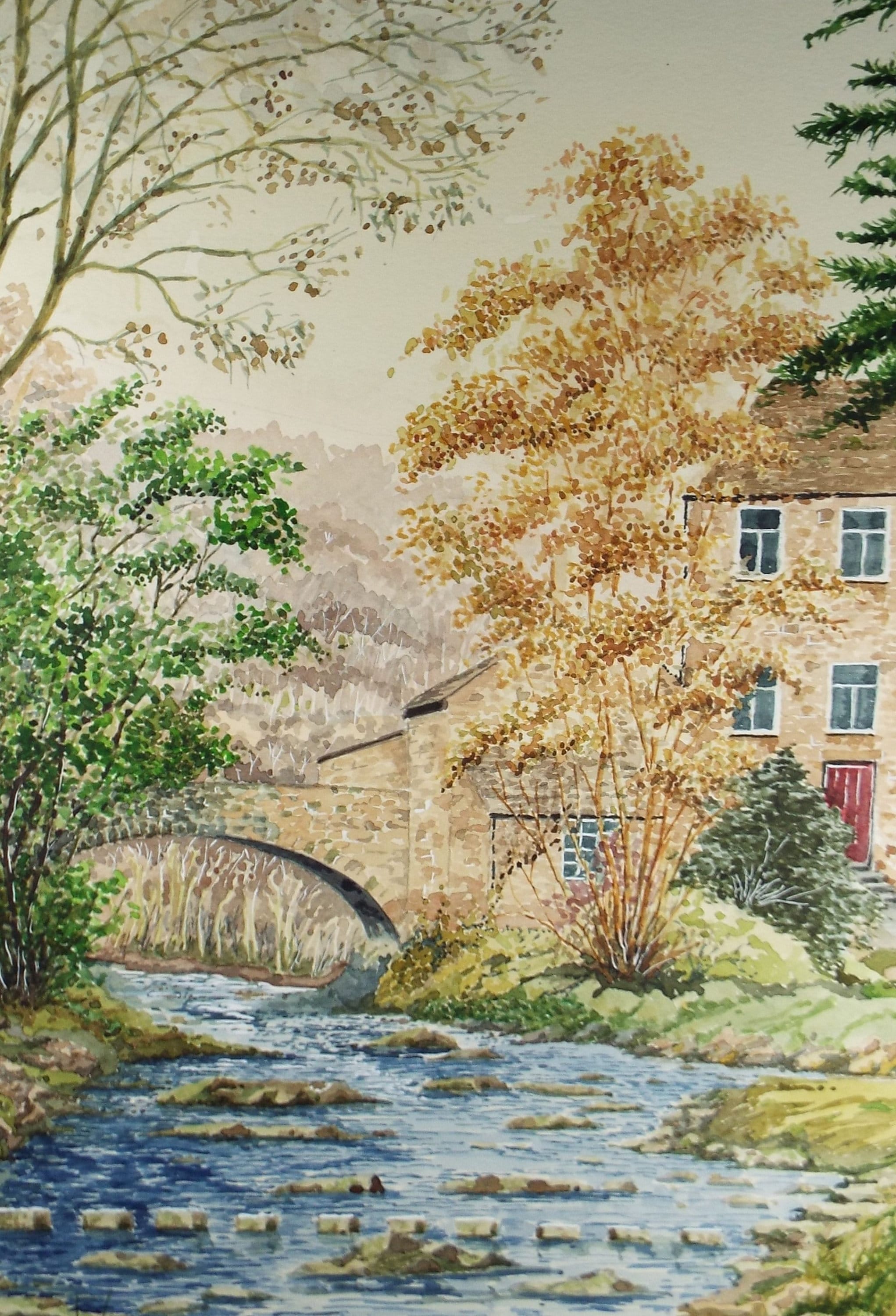 Original Watercolour on Paper, 'Riverside Cottages', Artist Unknown, Circa 1990's