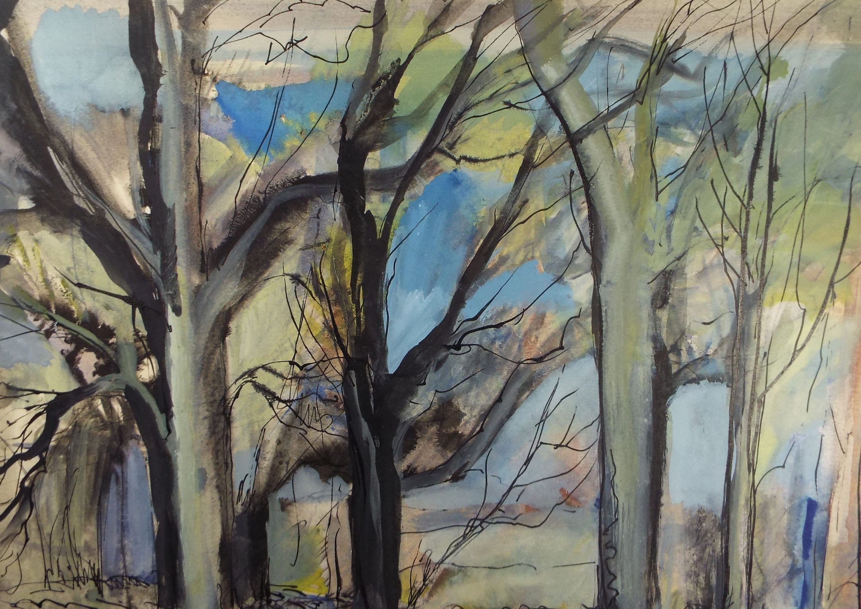 Original Watercolour & Gouache, 'Woodland in Winter', Circa 1950's , Artist Unknown