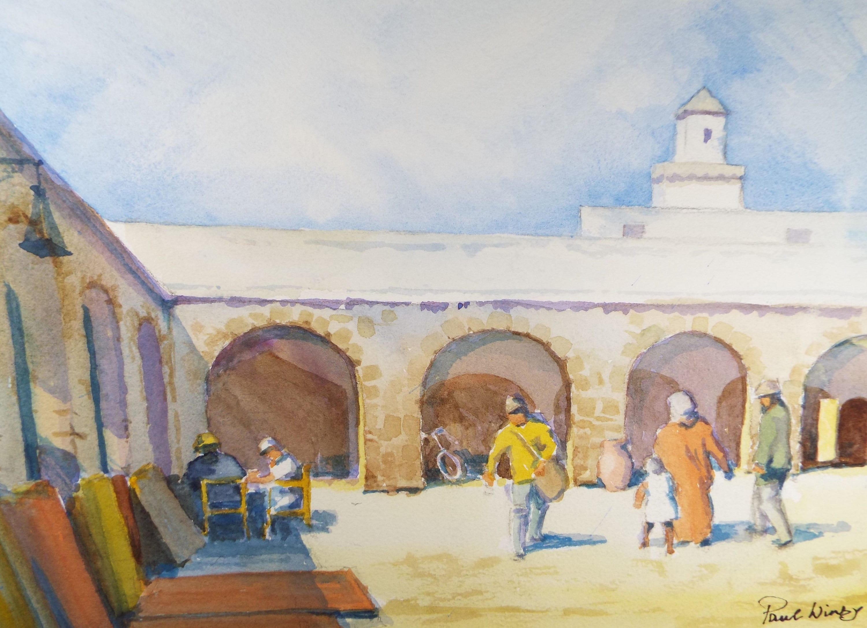 Original Watercolour on Paper, 'Spanish Plaza', Paul Winby, Circa 1990's