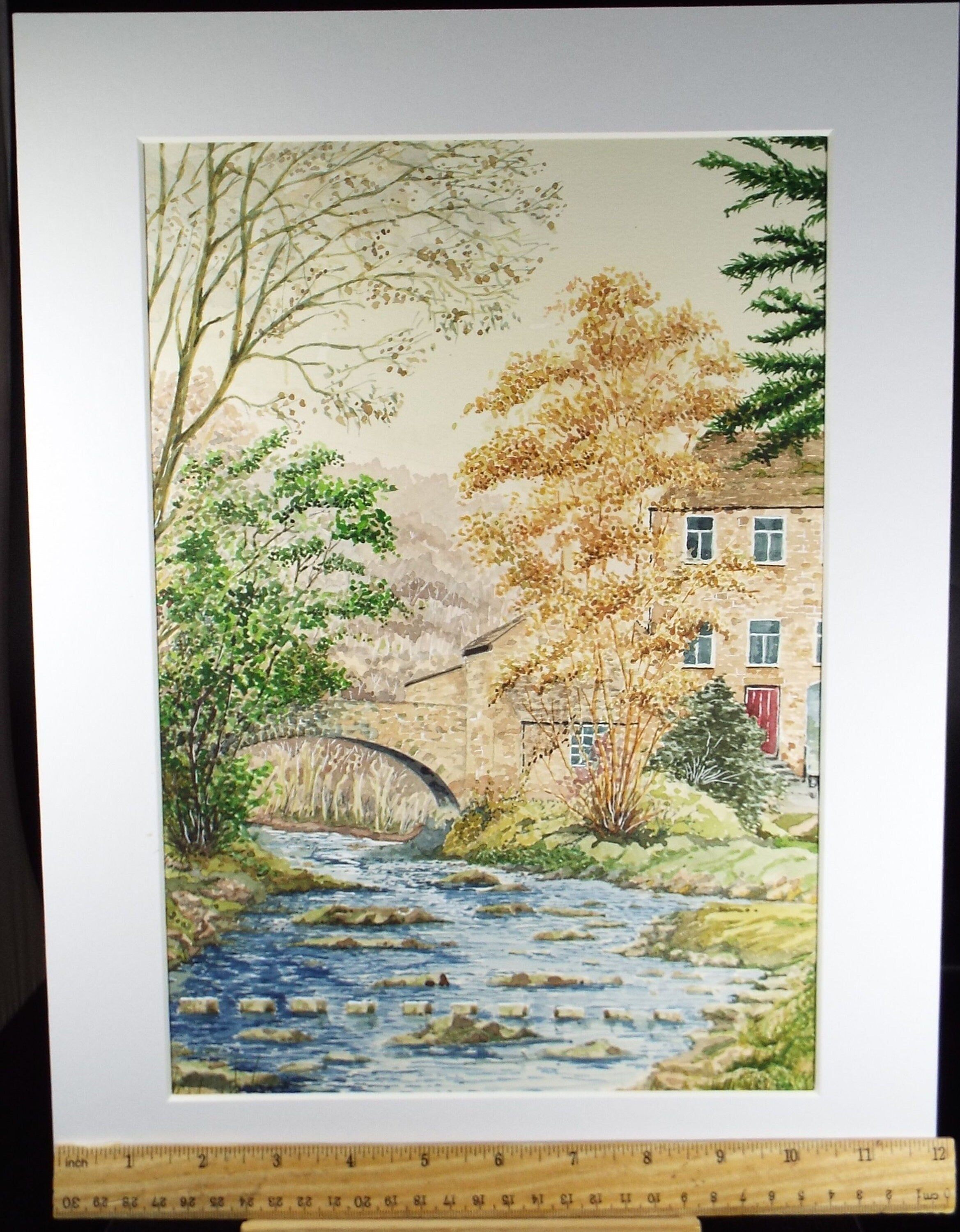 Original Watercolour on Paper, 'Riverside Cottages', Artist Unknown, Circa 1990's