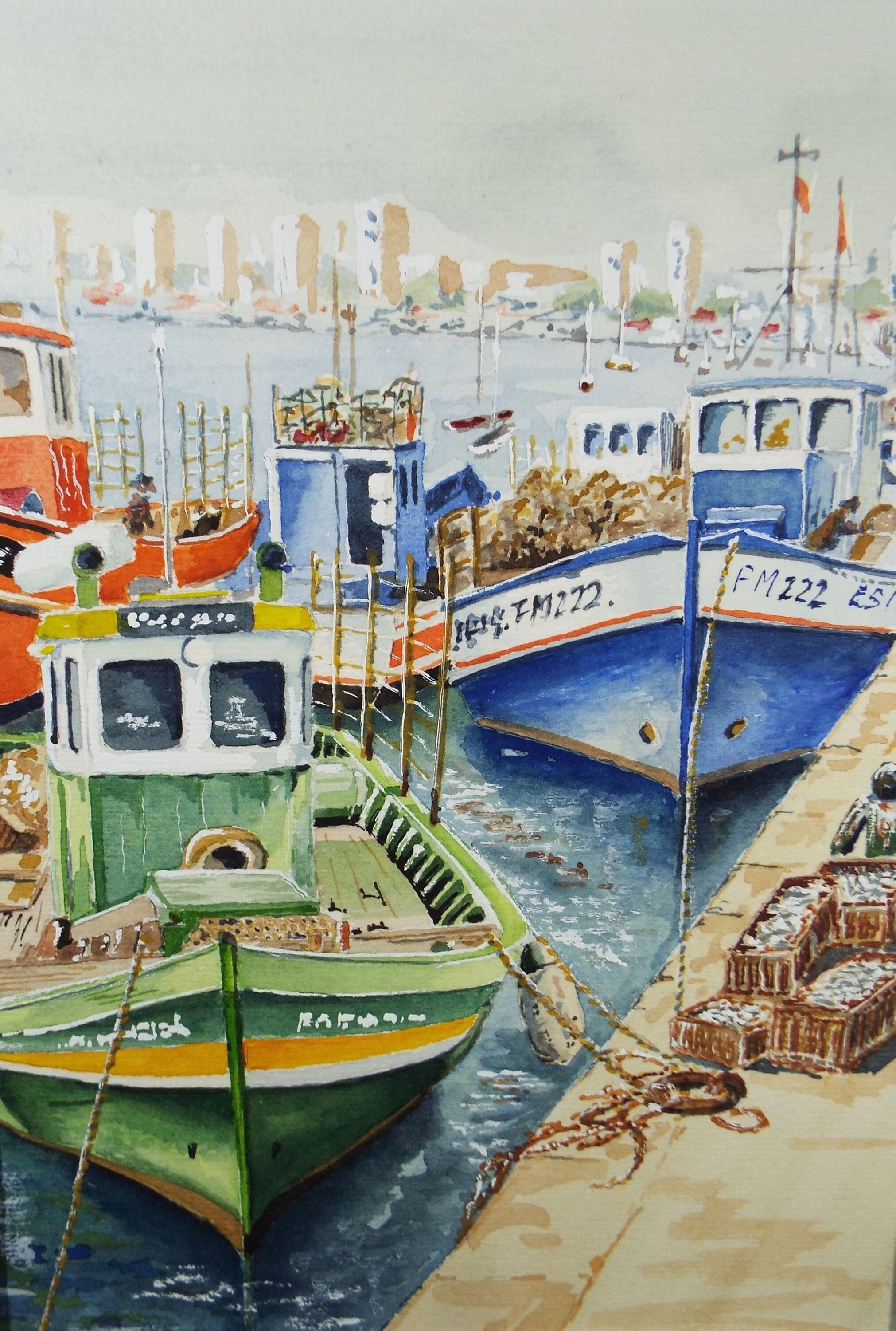 Original Watercolour, 'Sardine Trawlers, Portomayo', Circa 1990's
