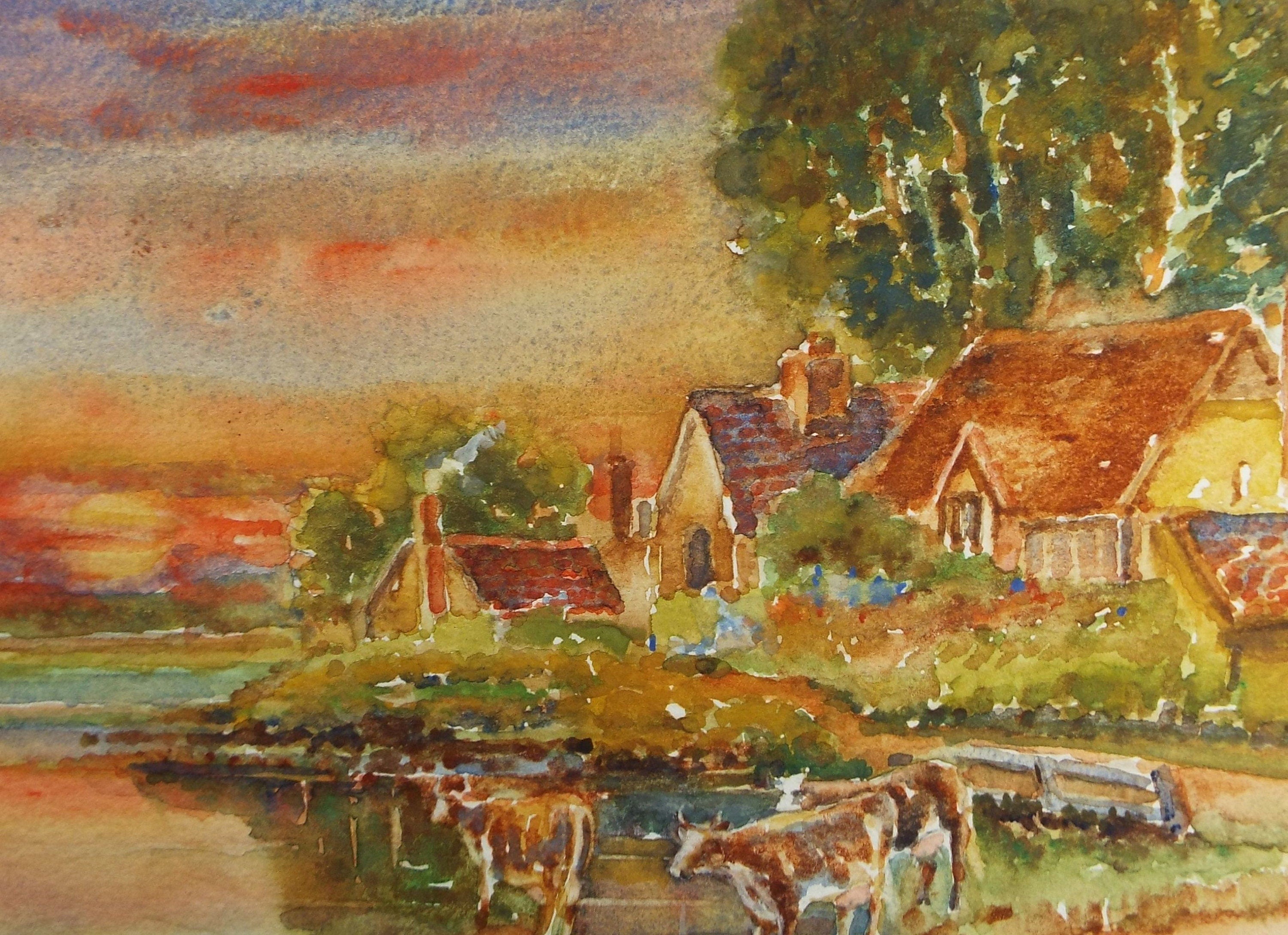 Original Watercolour, 'River with cottages and cattle' c1950's, Artist Unknown