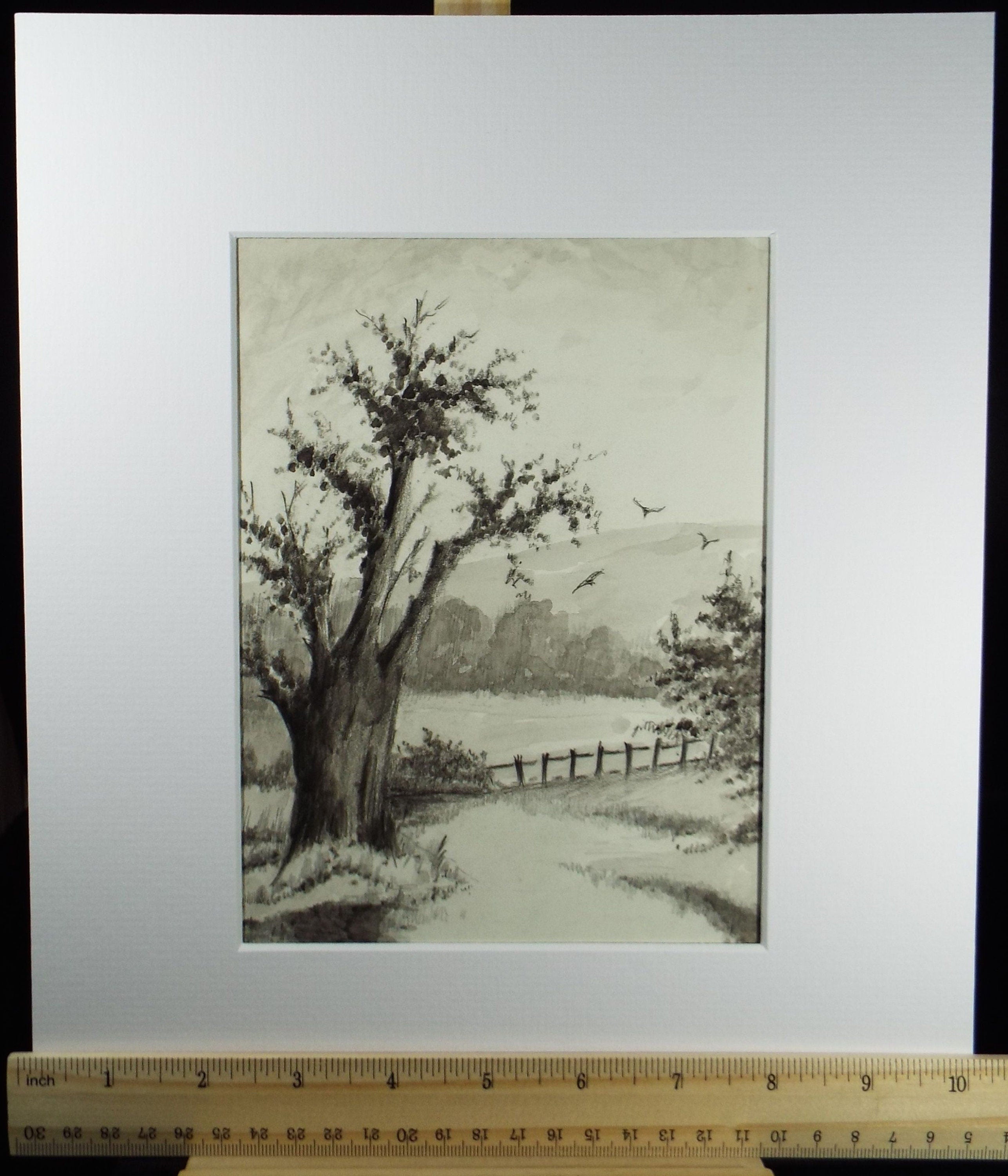 Original Ink and Wash 'Tree Study with Distant Fields' 1940's, A Simmons