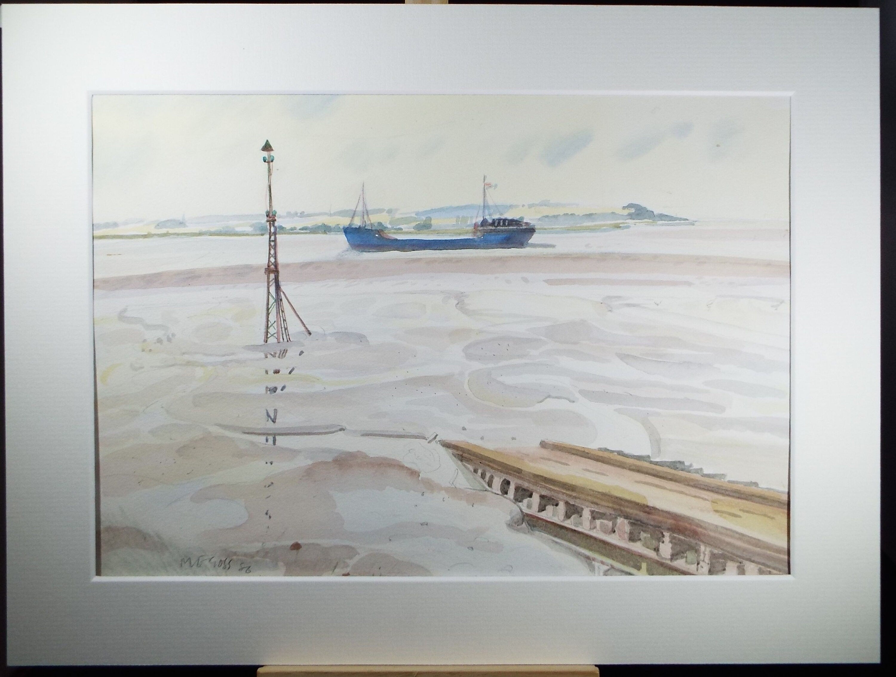 Original Watercolour, 'Freighter under way', dated 1986, M E Cross