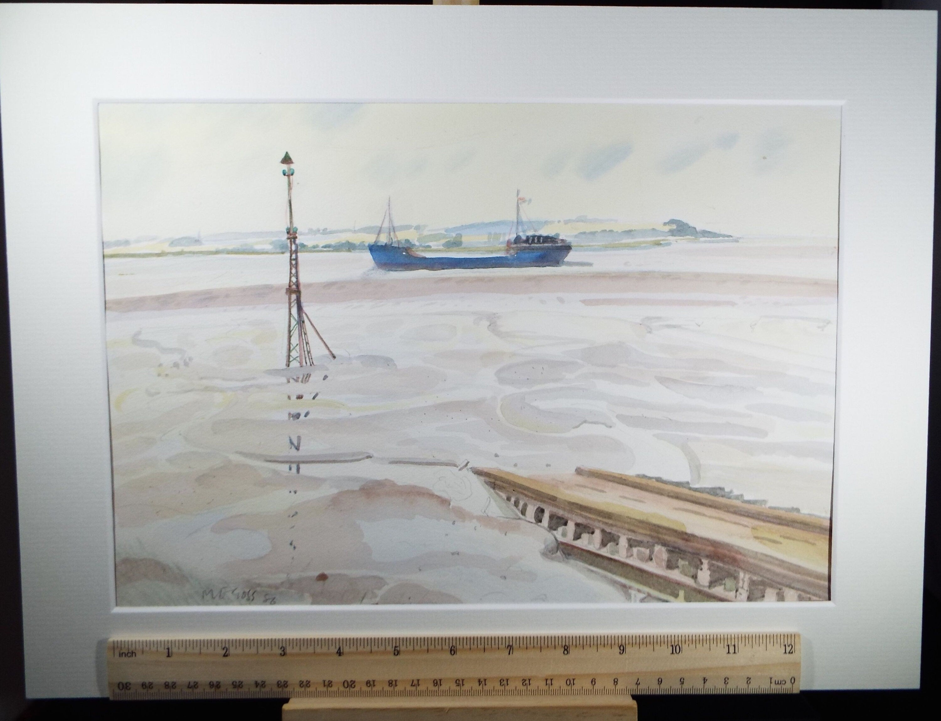 Original Watercolour, 'Freighter under way', dated 1986, M E Cross