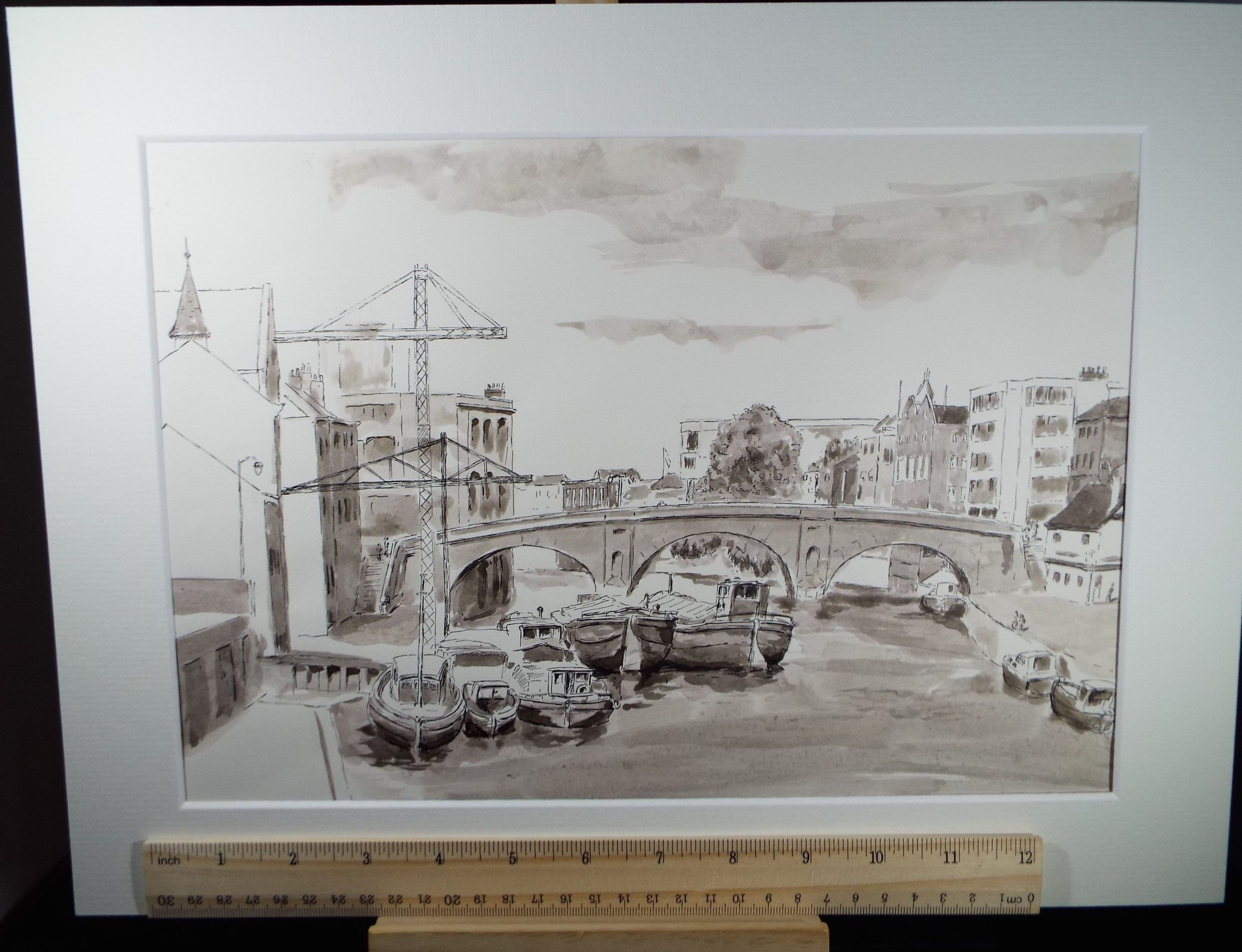 Original ink & wash, 'River through the town with barges, circa 1980, E F Heathfield