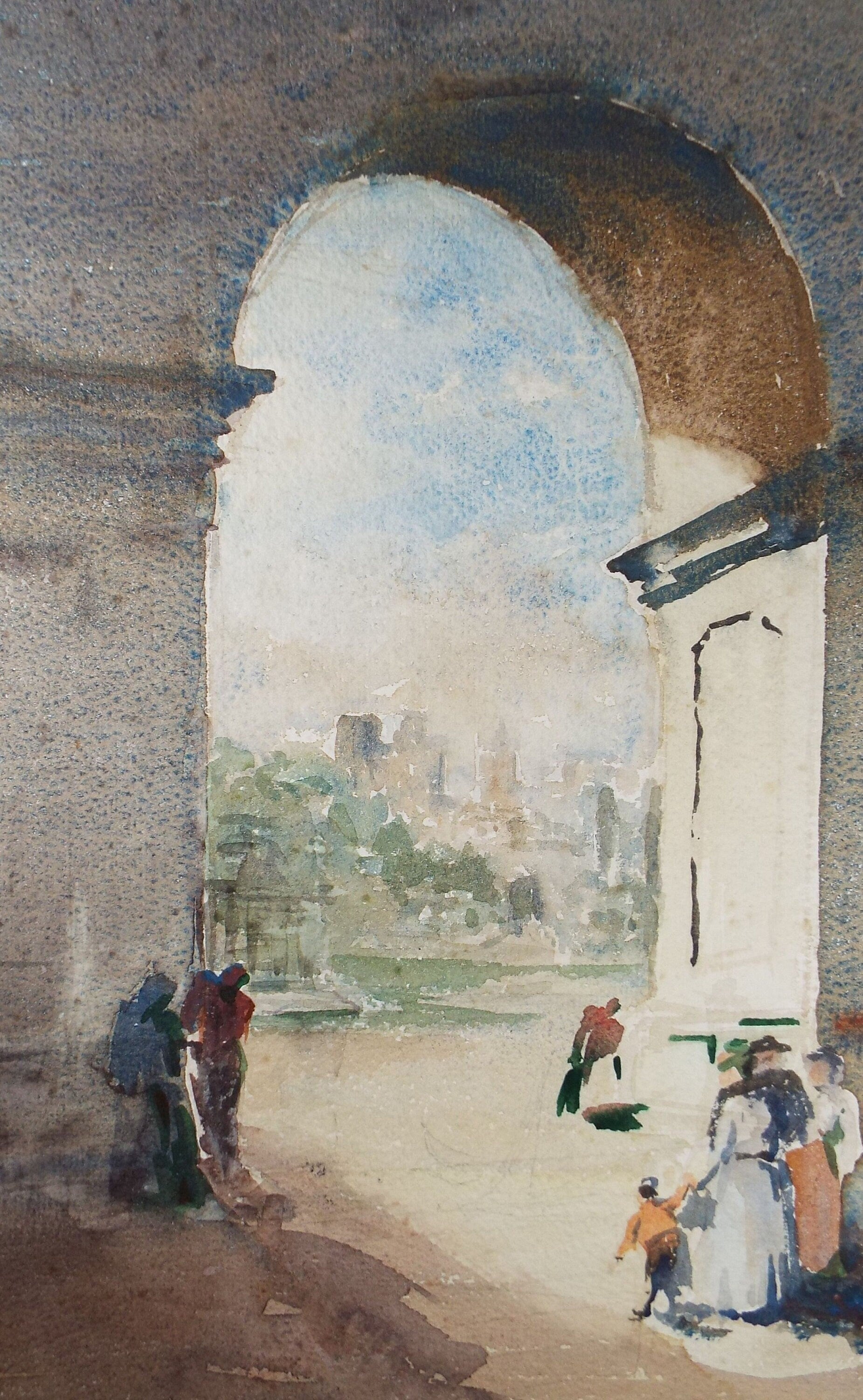 Original Watercolour, 'Stone Archway with Figures', C R Chase (1893-1988), Circa 1950's