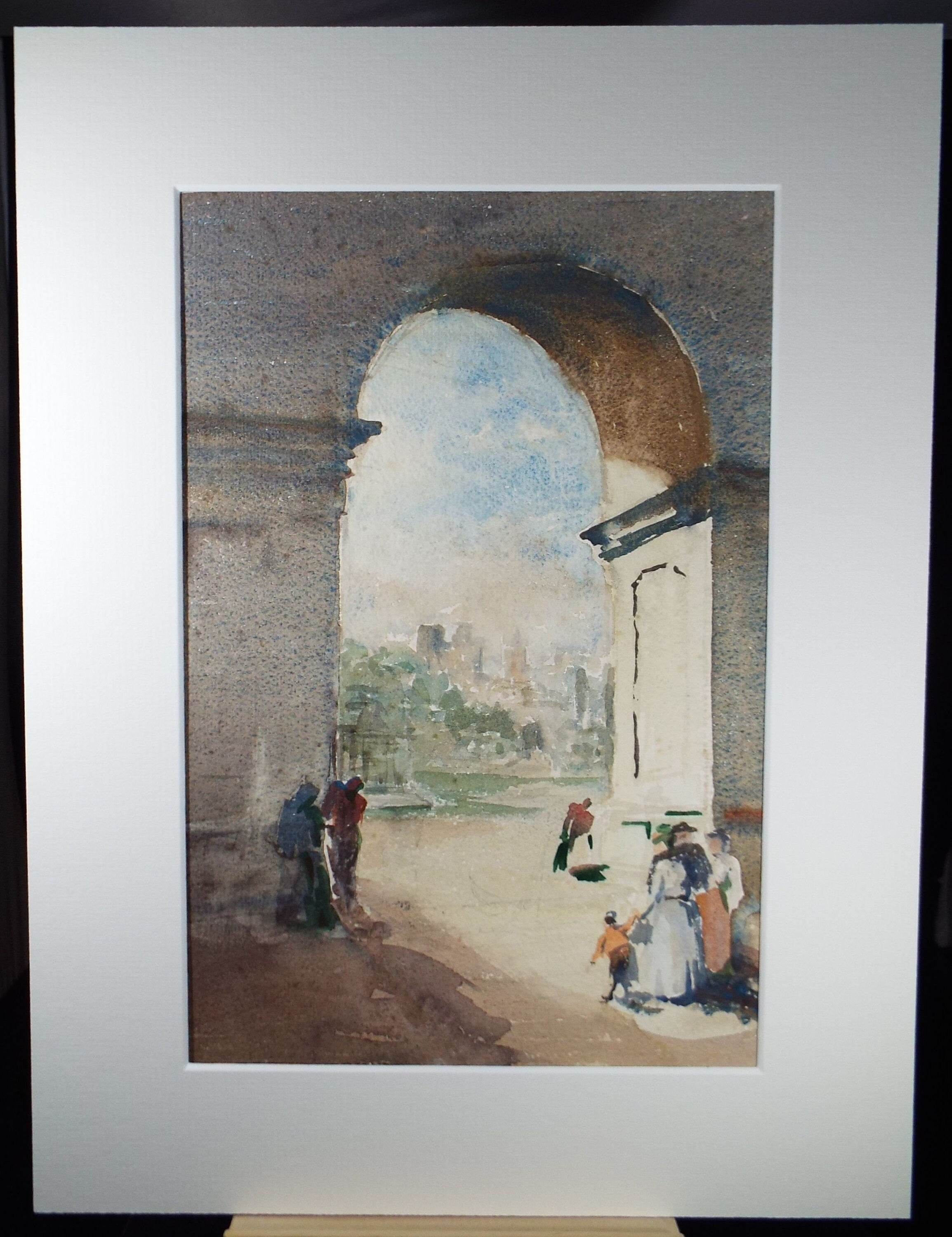 Original Watercolour, 'Stone Archway with Figures', C R Chase (1893-1988), Circa 1950's