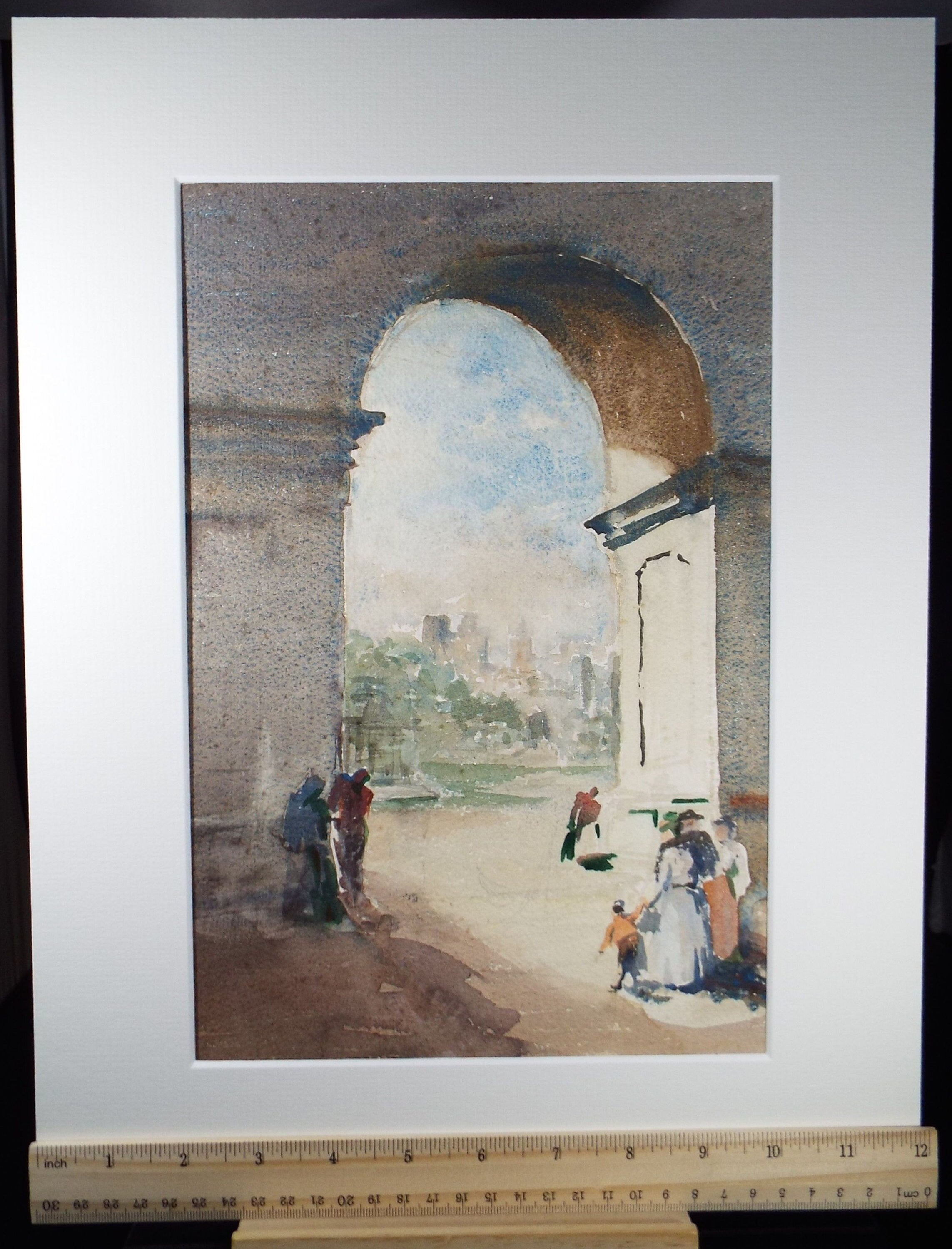 Original Watercolour, 'Stone Archway with Figures', C R Chase (1893-1988), Circa 1950's