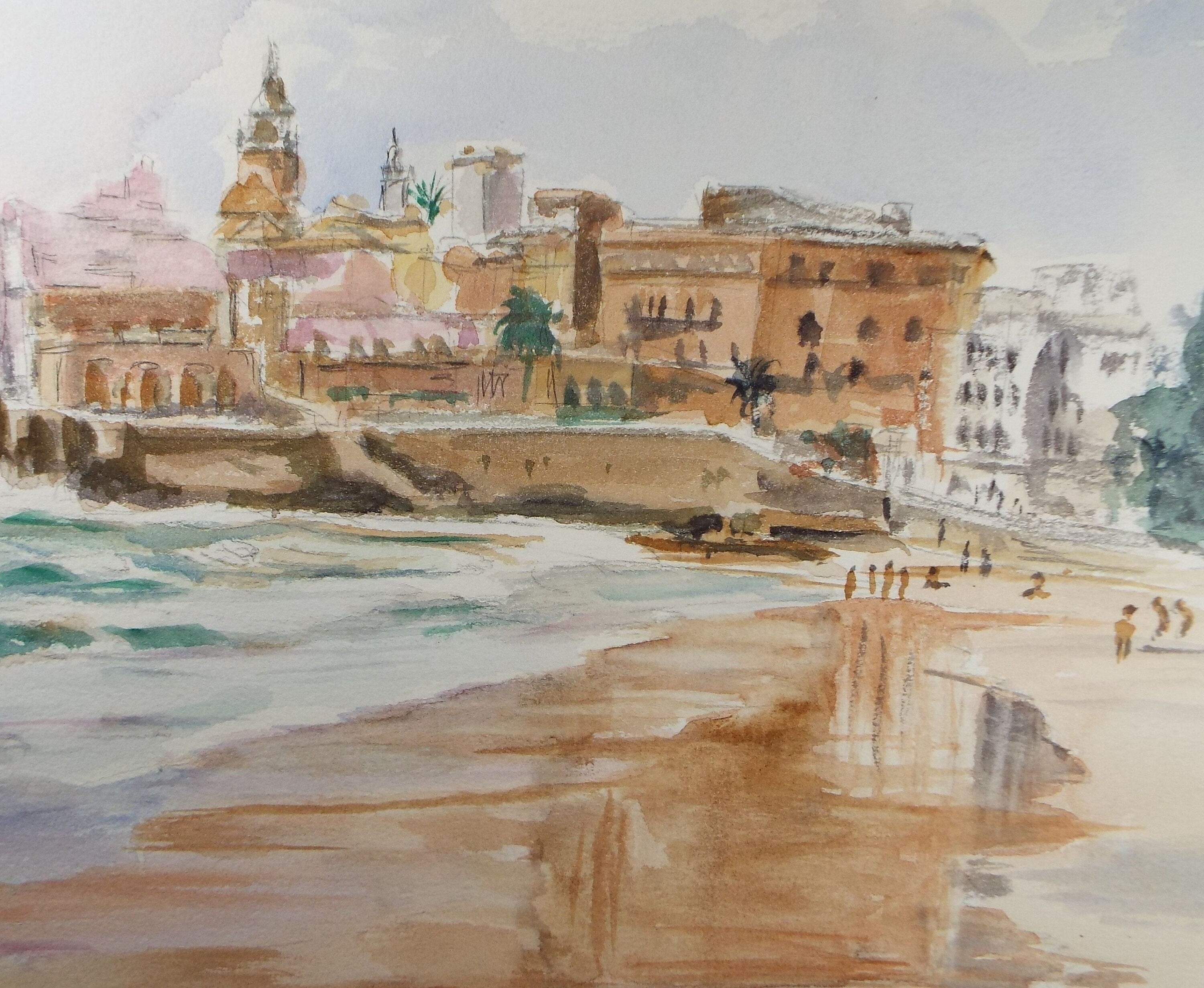 Original Watercolour, 'Coastal Town', Dated 1996, Artist Unknown