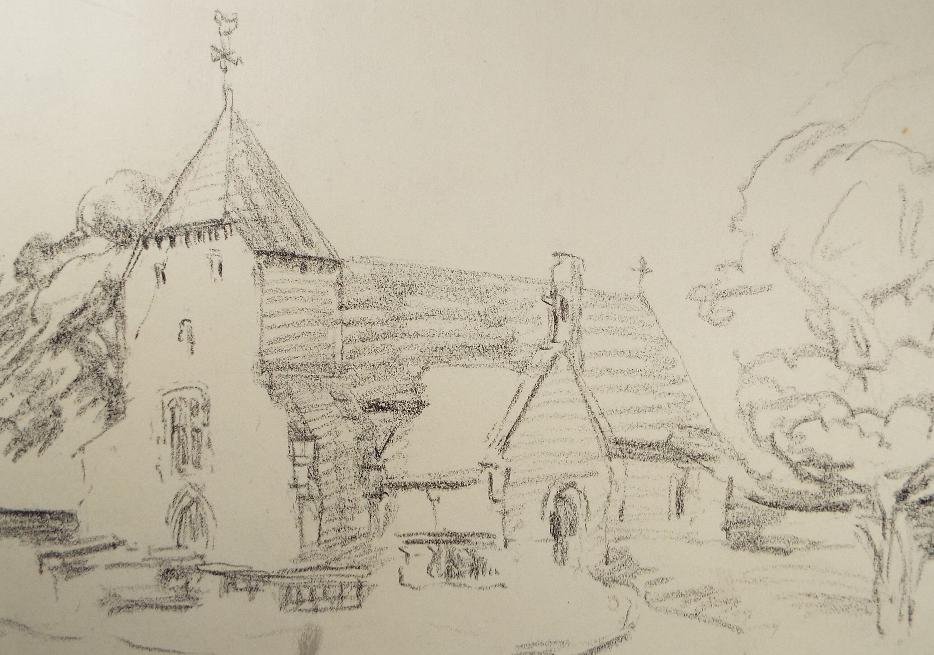 Original Conte Drawing, 'West dean church Nr. Seaford, circa 1950's ,Artist Unknown