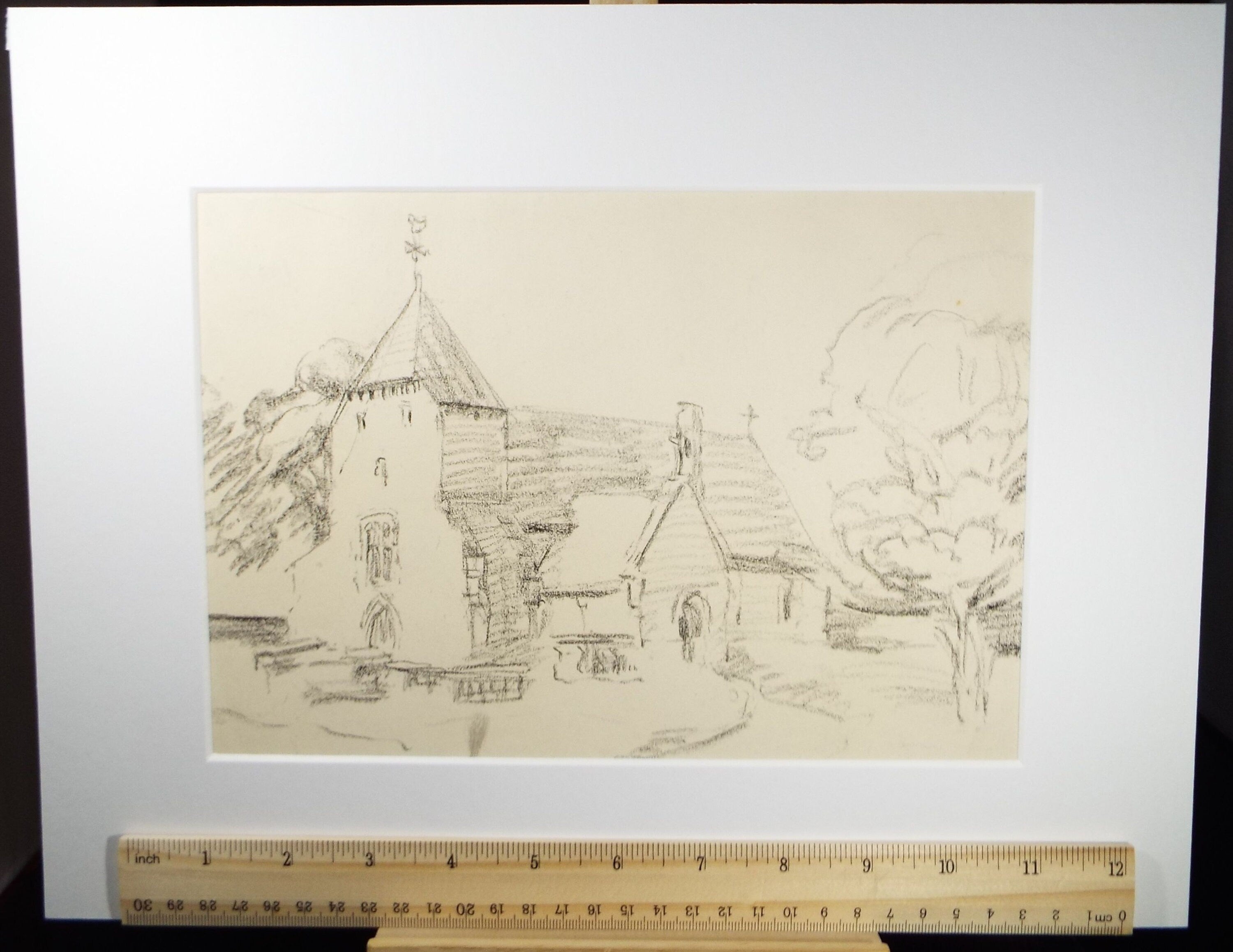 Original Conte Drawing, 'West dean church Nr. Seaford, circa 1950's ,Artist Unknown