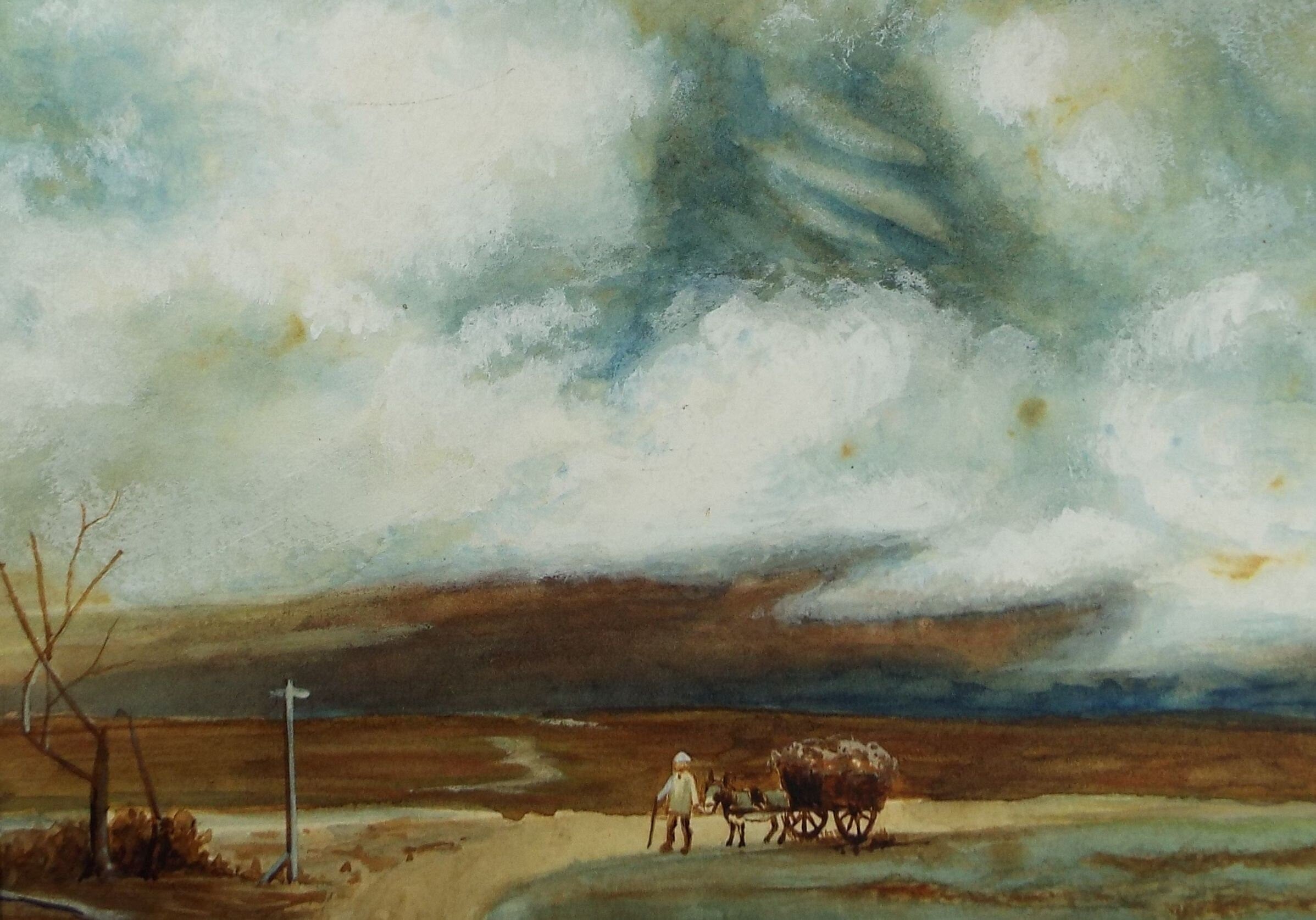 Original Watercolour, 'Horse and Cart at a Crossroads', Late 19th Century, Artist Unknown