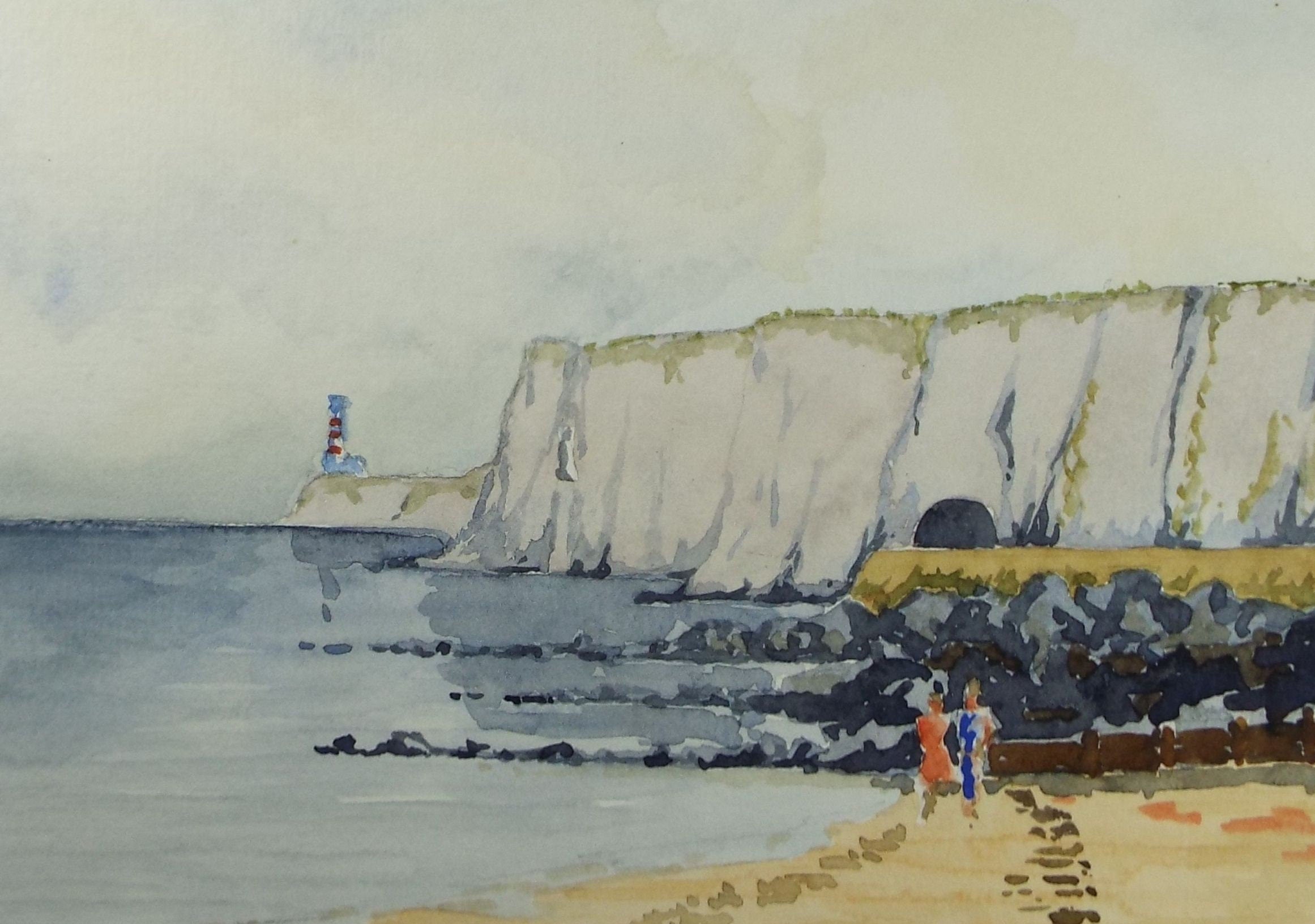 Original Watercolour, 'White Cliffs with distant light house', circa 1990's Unknown Artist