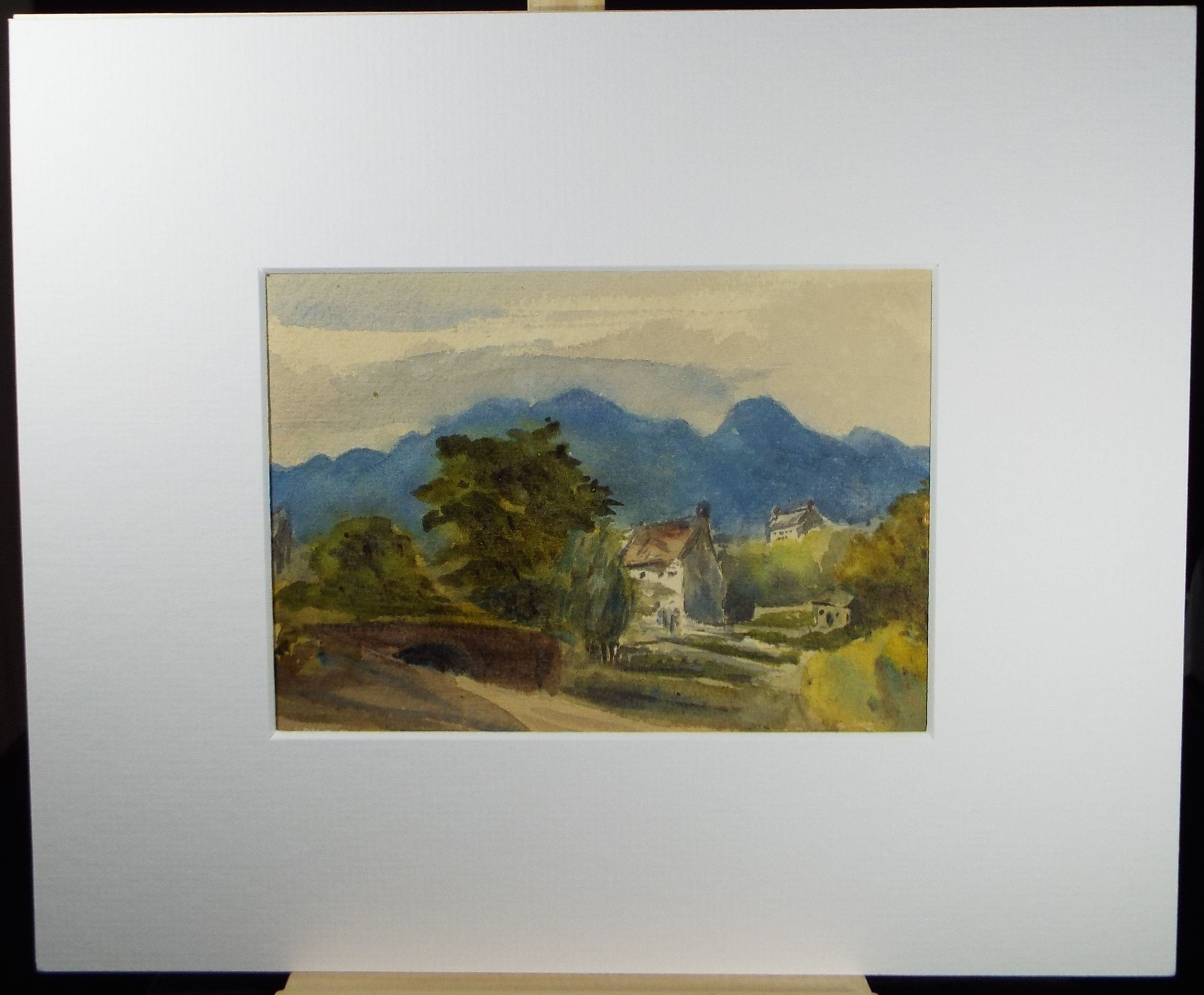 Original Watercolour,'Village with Distant Mountains', Early 20th Century, artist Unknown