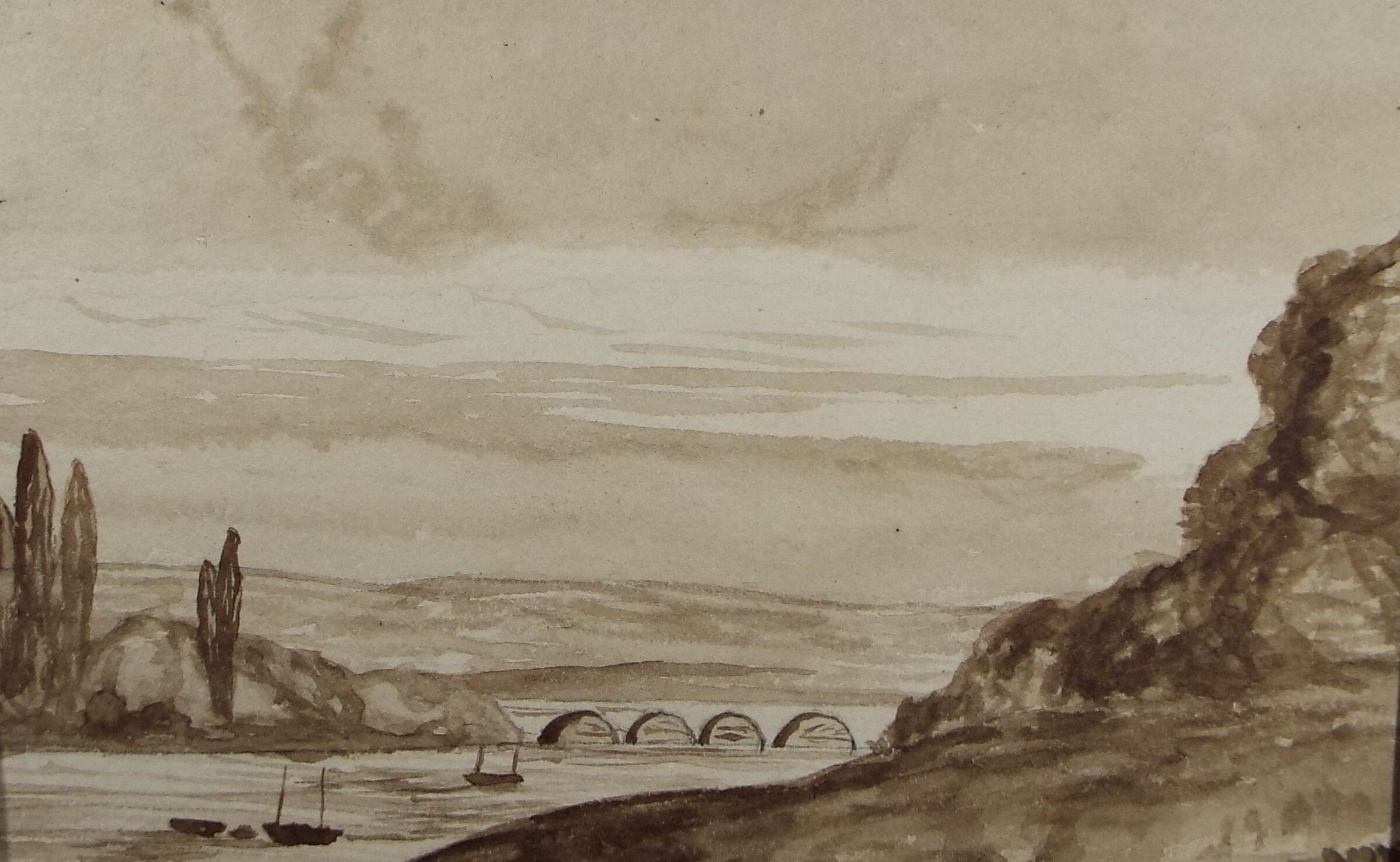 Original Watercolour, 'River Bridge with moored boats', Dated 1880, Artist unknown