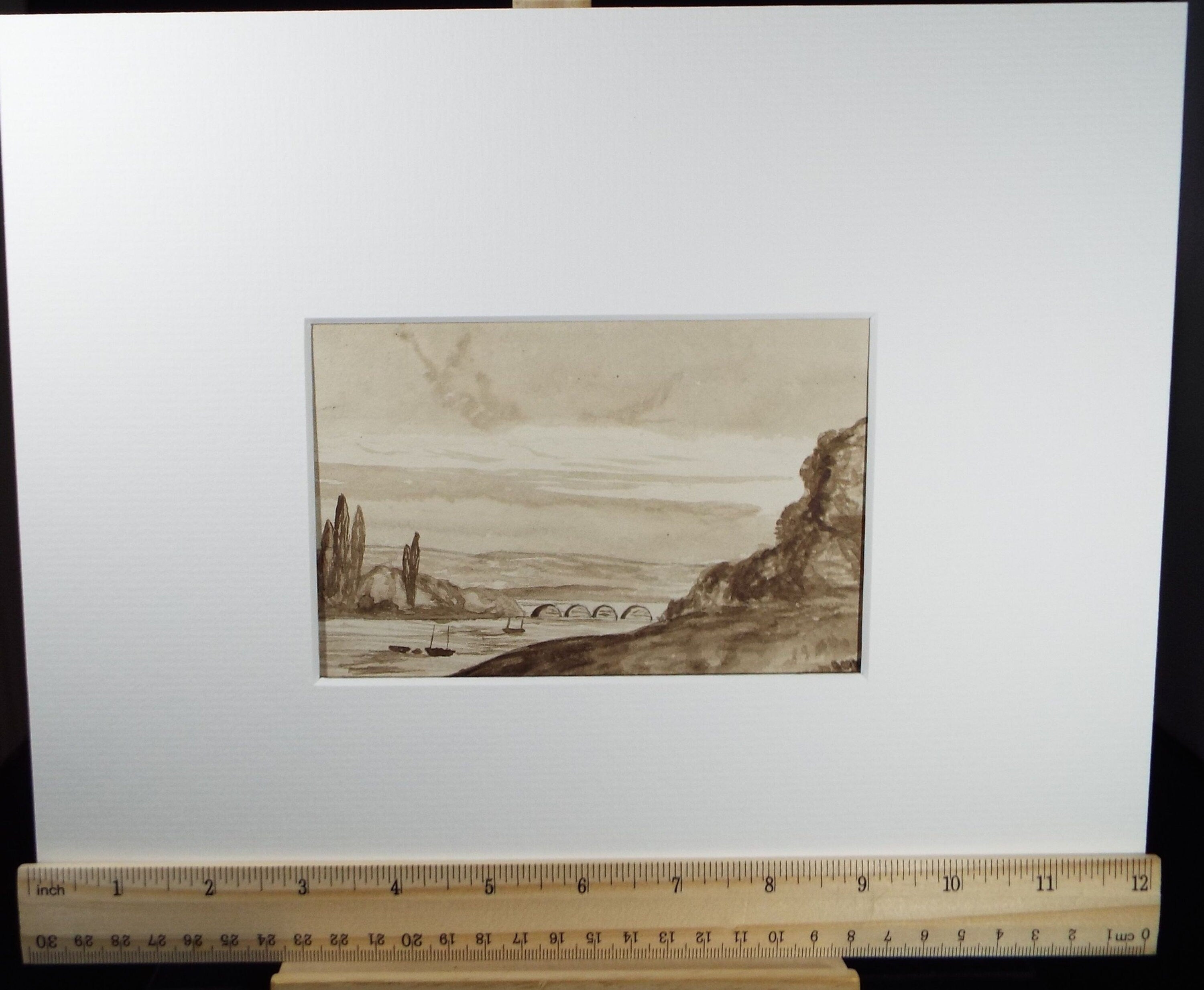 Original Watercolour, 'River Bridge with moored boats', Dated 1880, Artist unknown