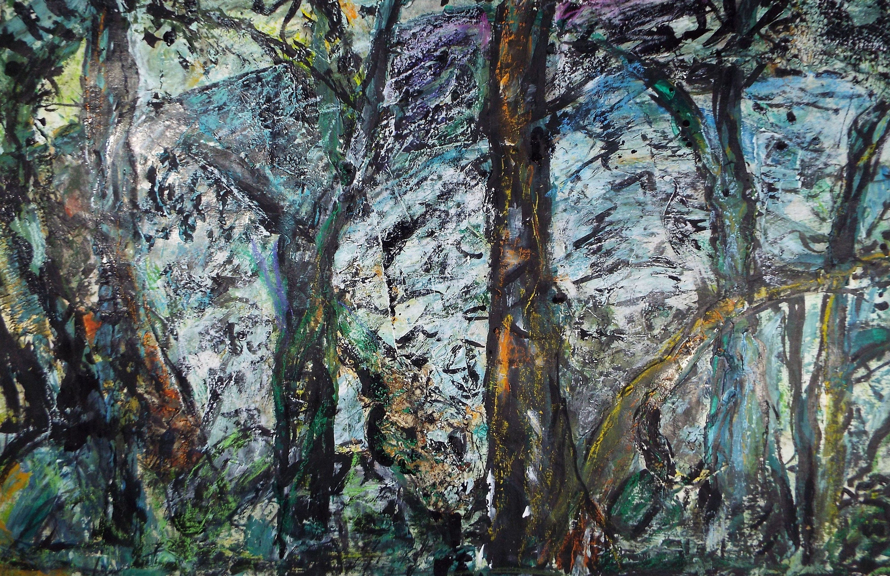 Original Acrylic on Paper, 'Abstract Woodland', Late 20th Century, Artist Unknown