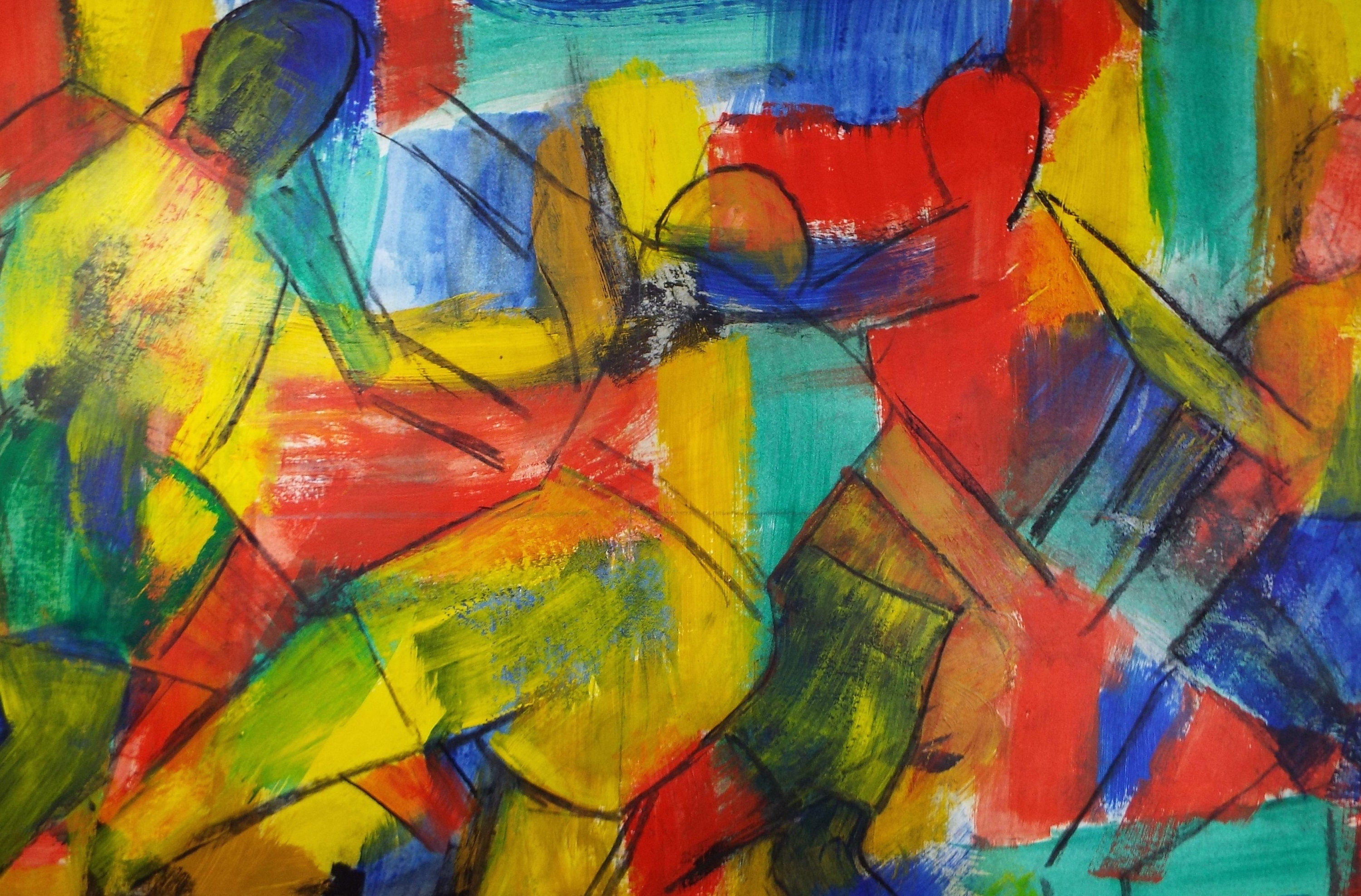 Original Acrylic on Paper, 'Rugby Players', Late 20th Century, Artist Unknown