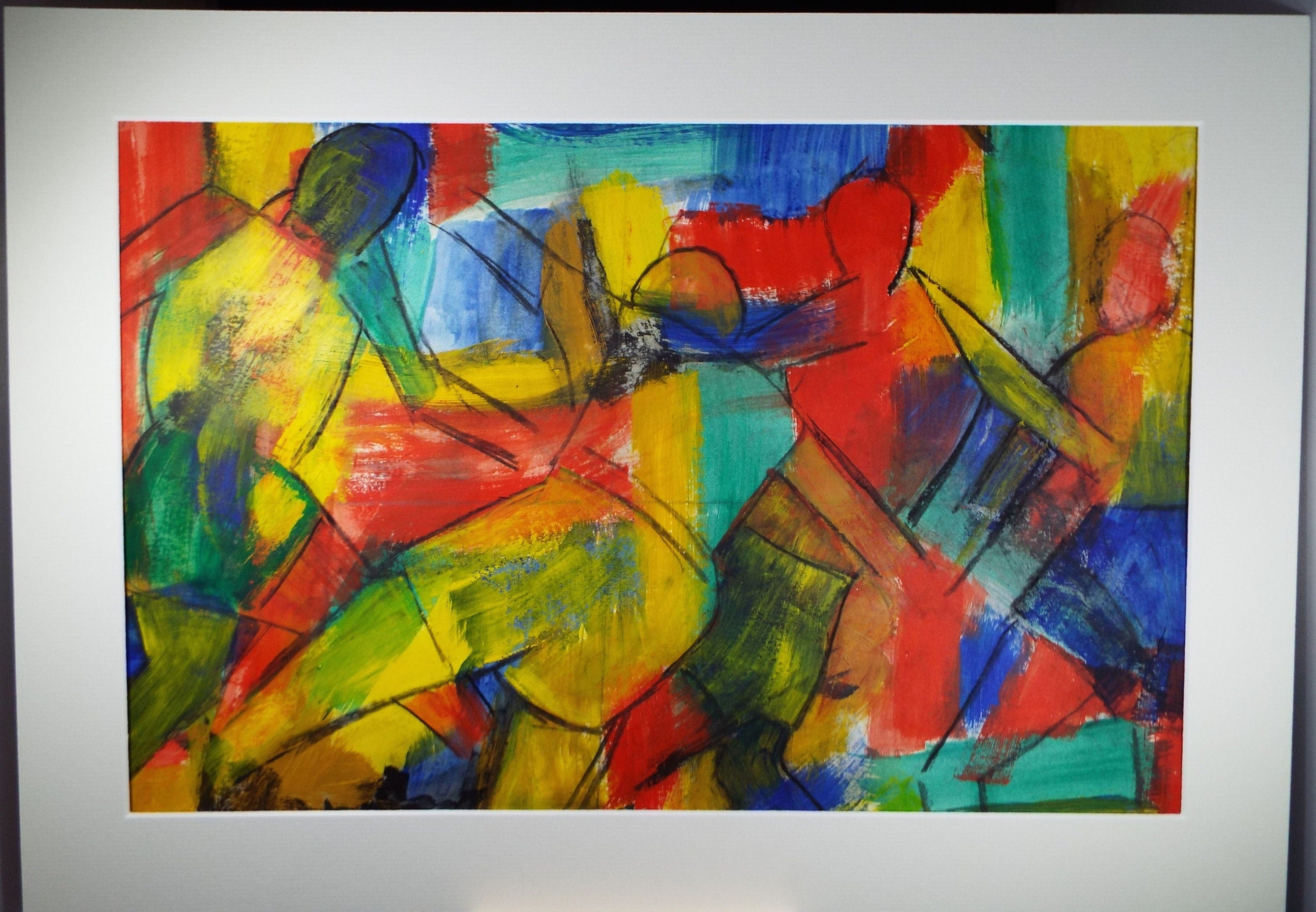 Original Acrylic on Paper, 'Rugby Players', Late 20th Century, Artist Unknown