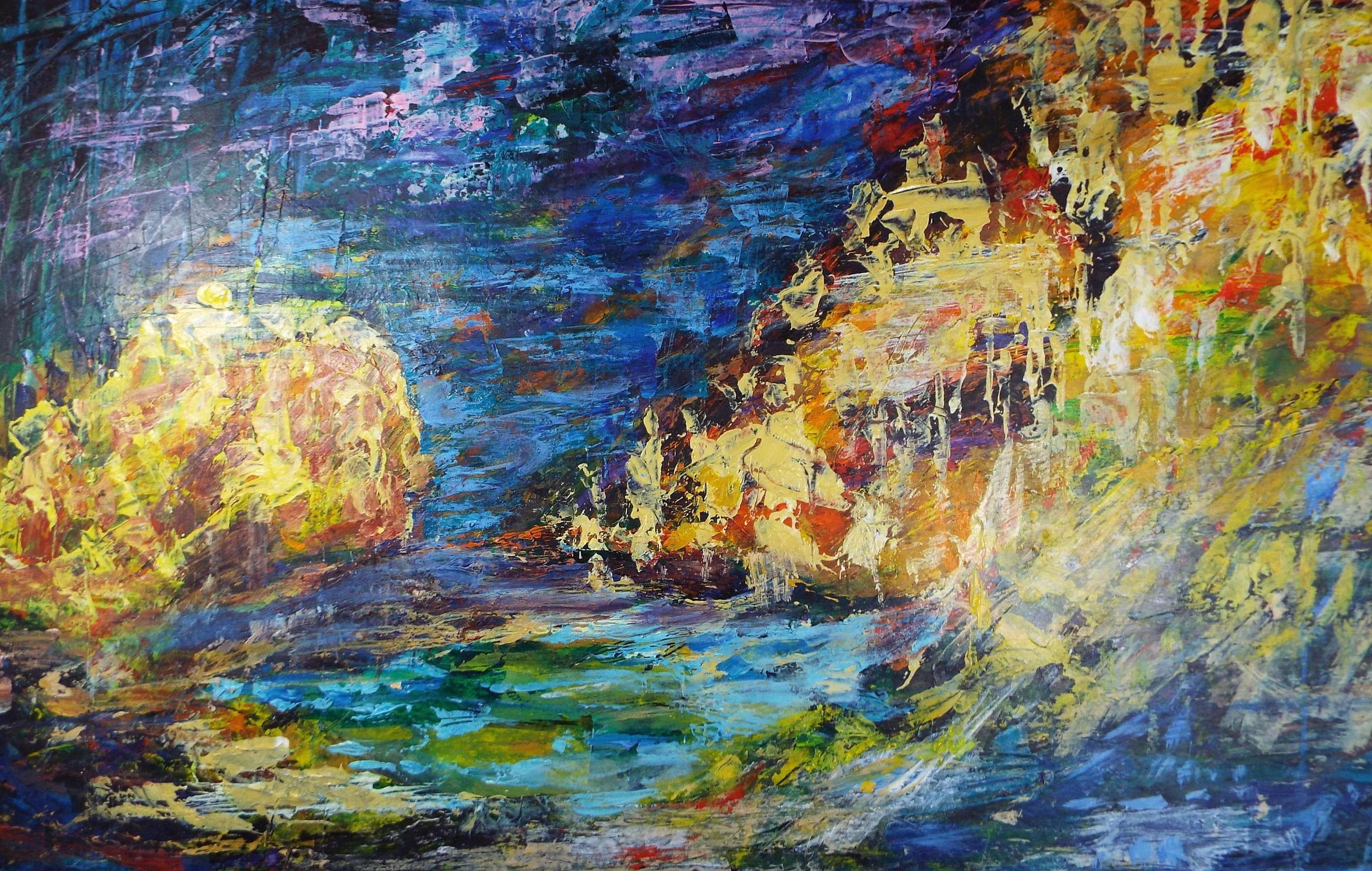 Original Acrylic on Paper, 'Abstract in Yellow & Green', Late 20th Century, Artist Unknown